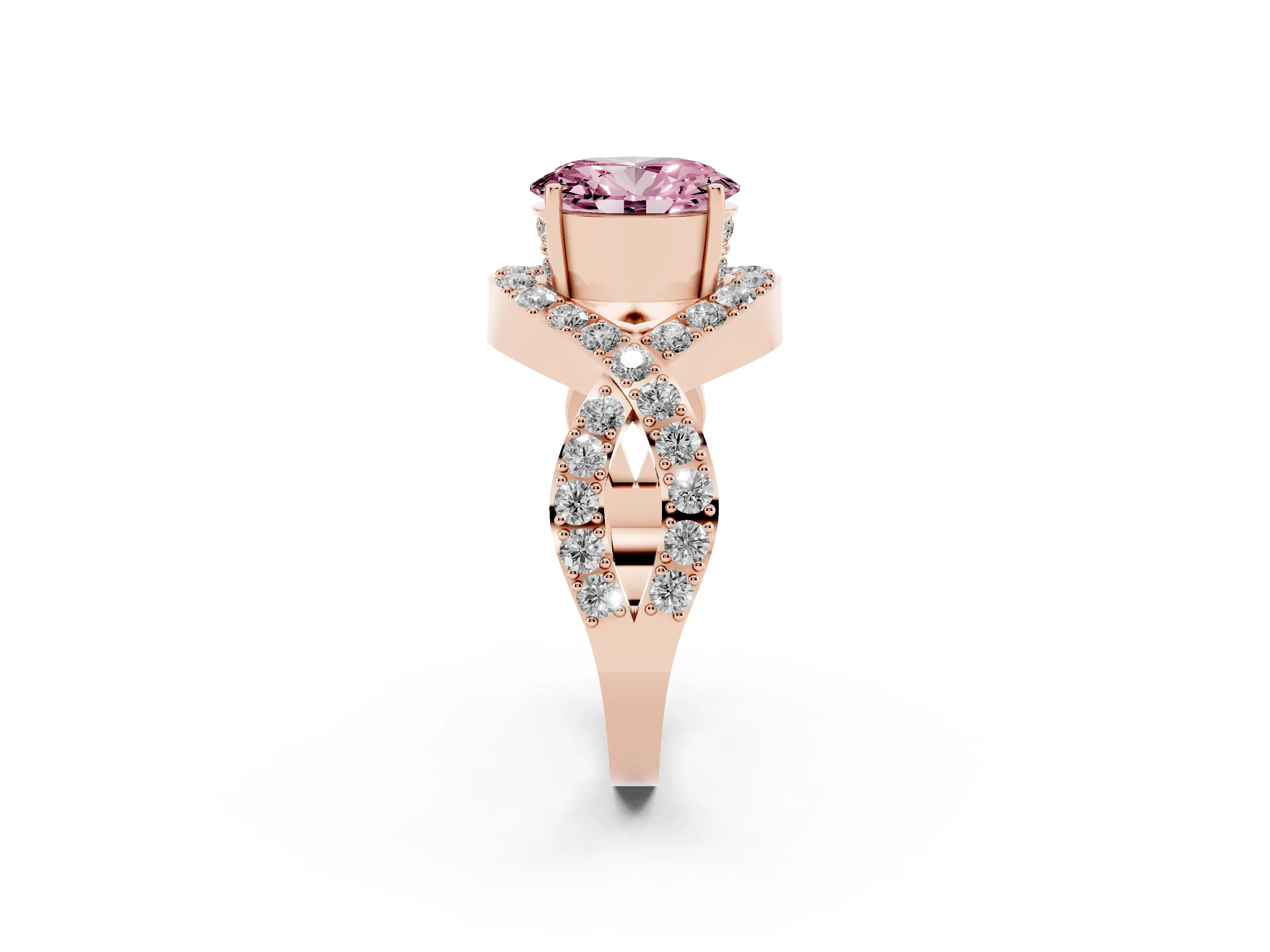 Fancy Pink Oval Cut Diamond Solitaire Twist Band Pavé Engagement Ring Set in Rose gold