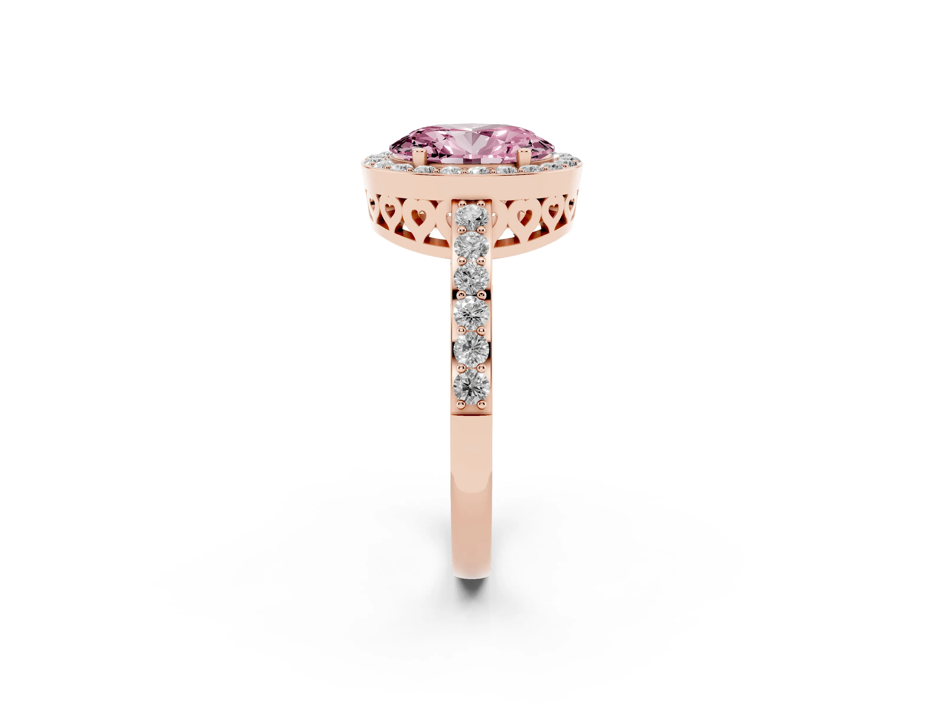 Fancy Pink Oval Cut Diamond Halo Ring Set in Rose gold with Pavé-Setting Band and Open Prong Center