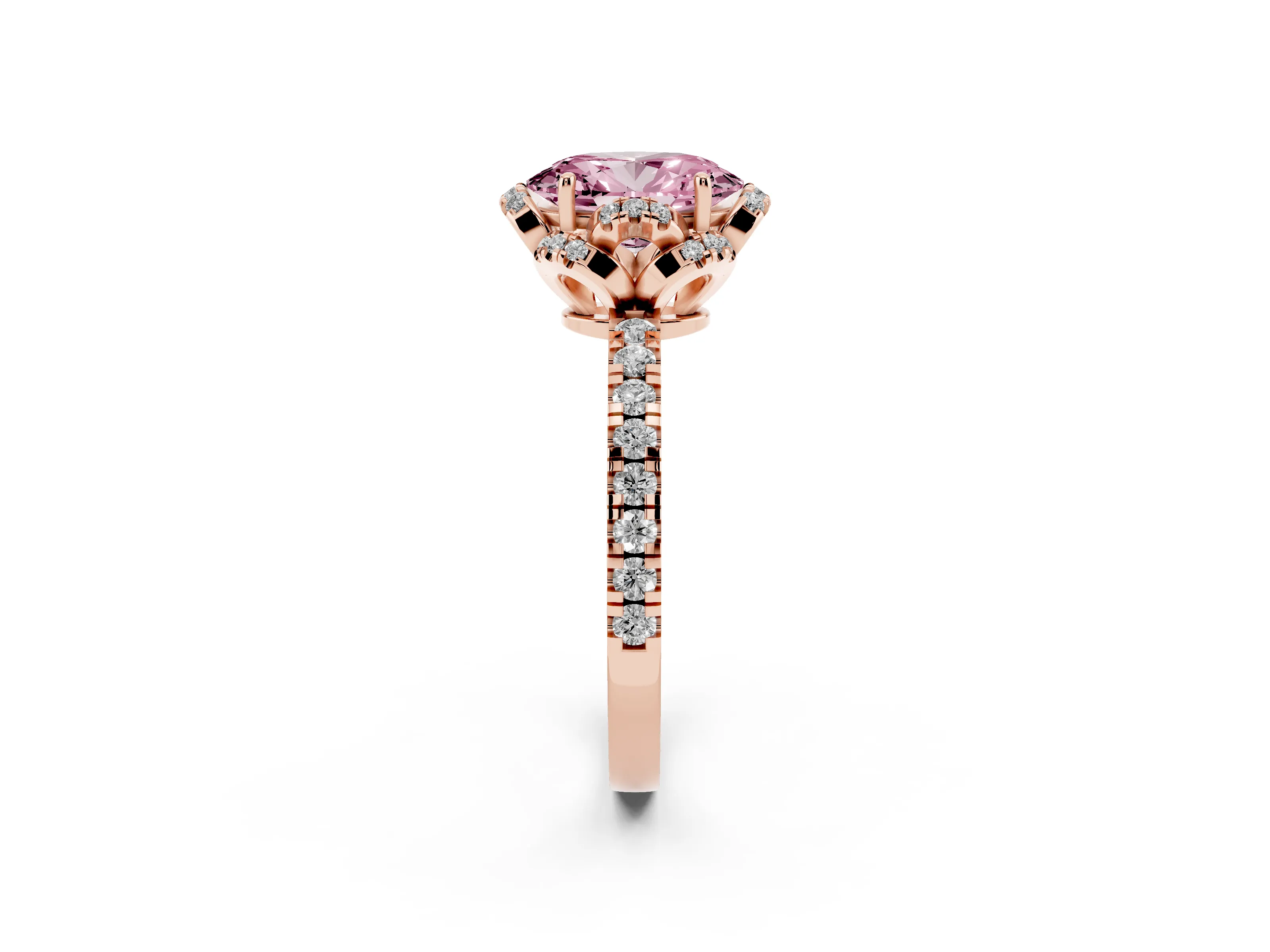 Fancy Pink Oval Cut Diamond Halo Pavé Band Ring Set in Rose gold with Prong-Held Center