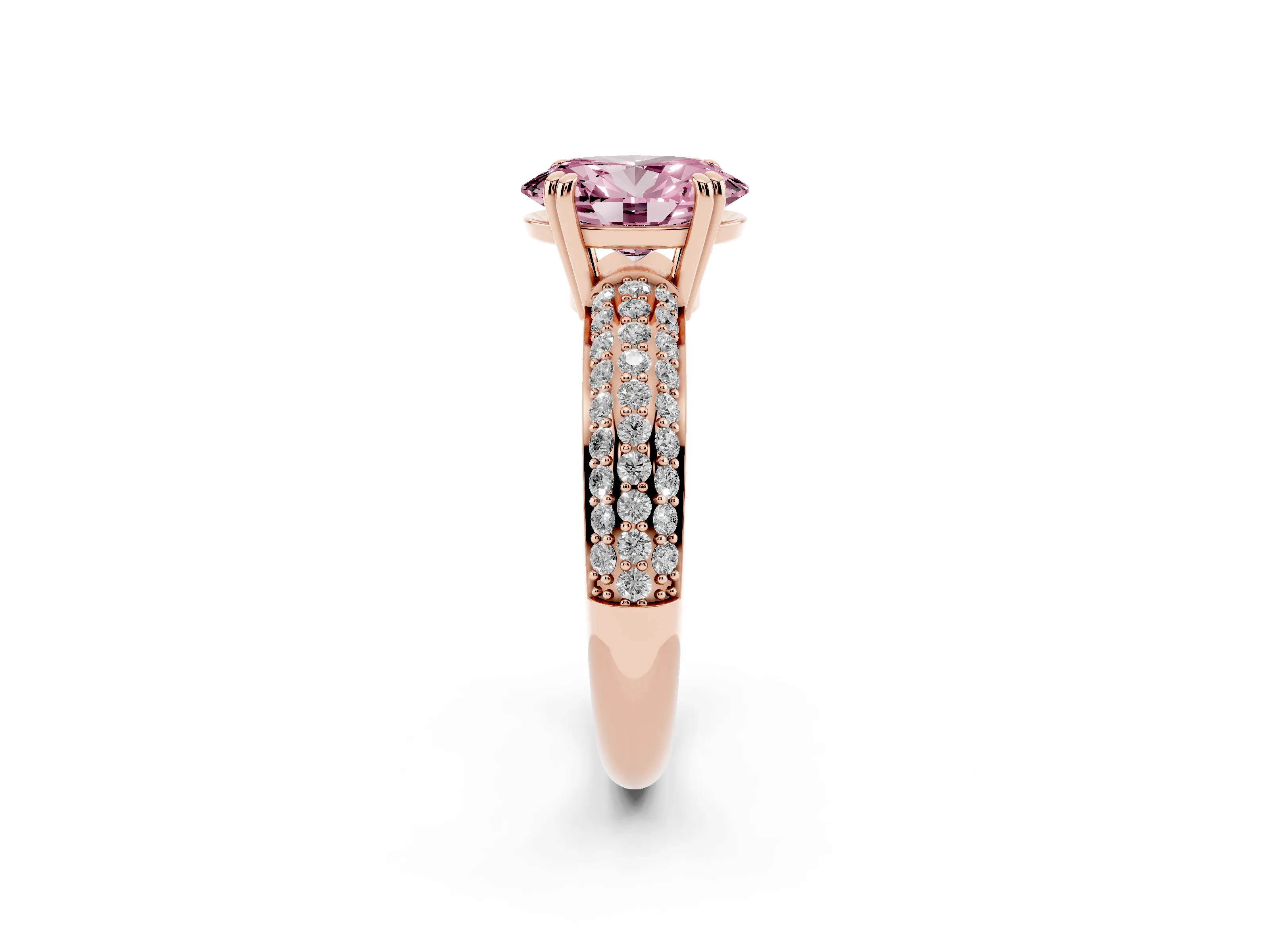 Fancy Pink Oval Cut Diamond Solitaire Ring Set in Rose gold with Multi-Row Round Pavé Band and Prong Setting