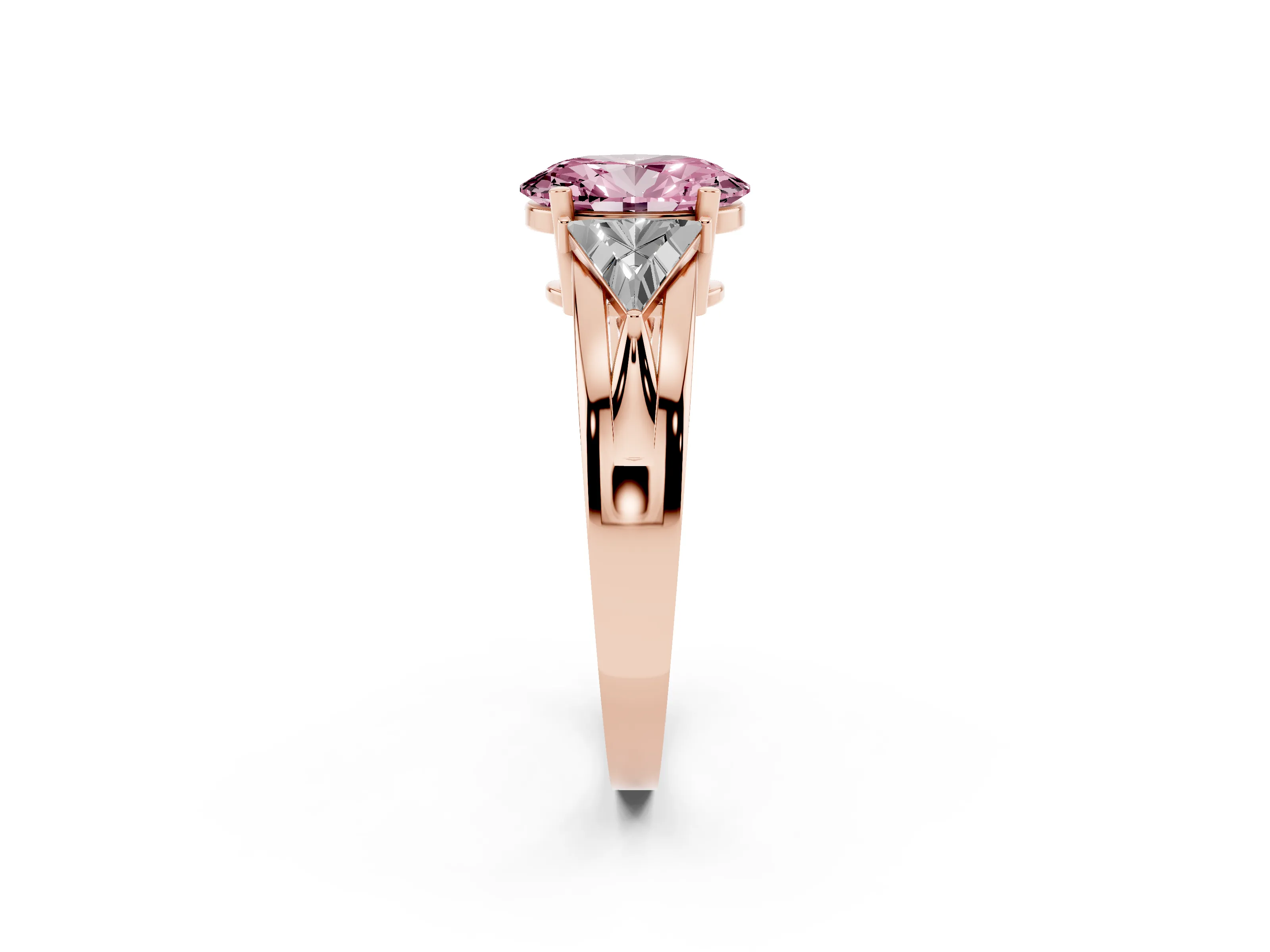 Fancy Pink Oval Cut Diamond Three-Stone Ring Set in Rose gold with Trillion Side Stones and Split Shank