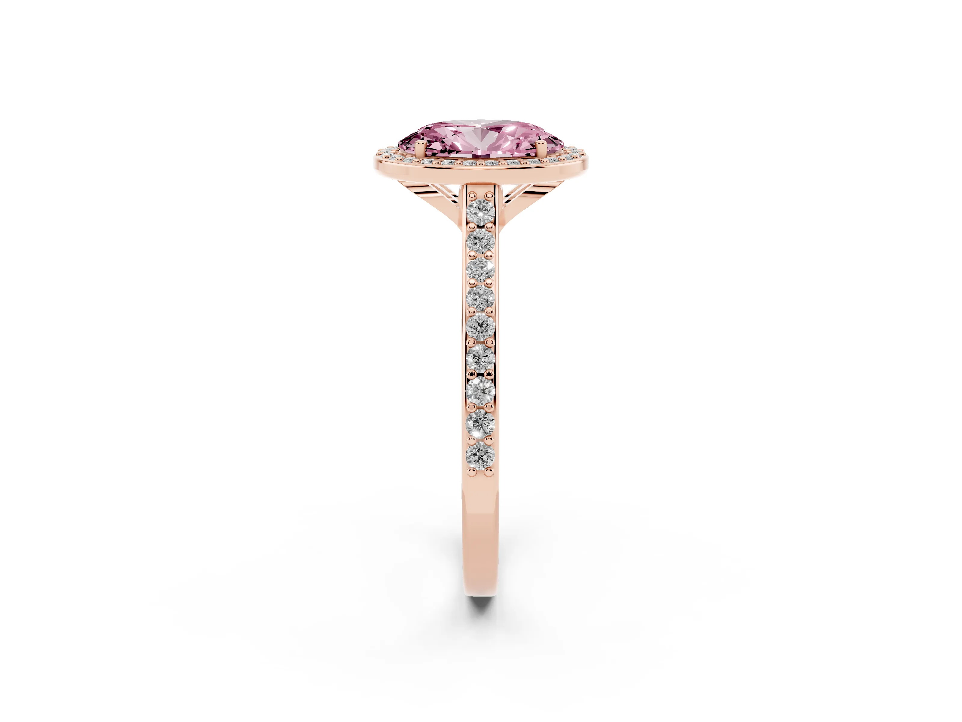 Fancy Pink Oval Cut Diamond Halo Engagement Ring Set in Rose gold with Round Pavé Shoulders and Heart Gallery