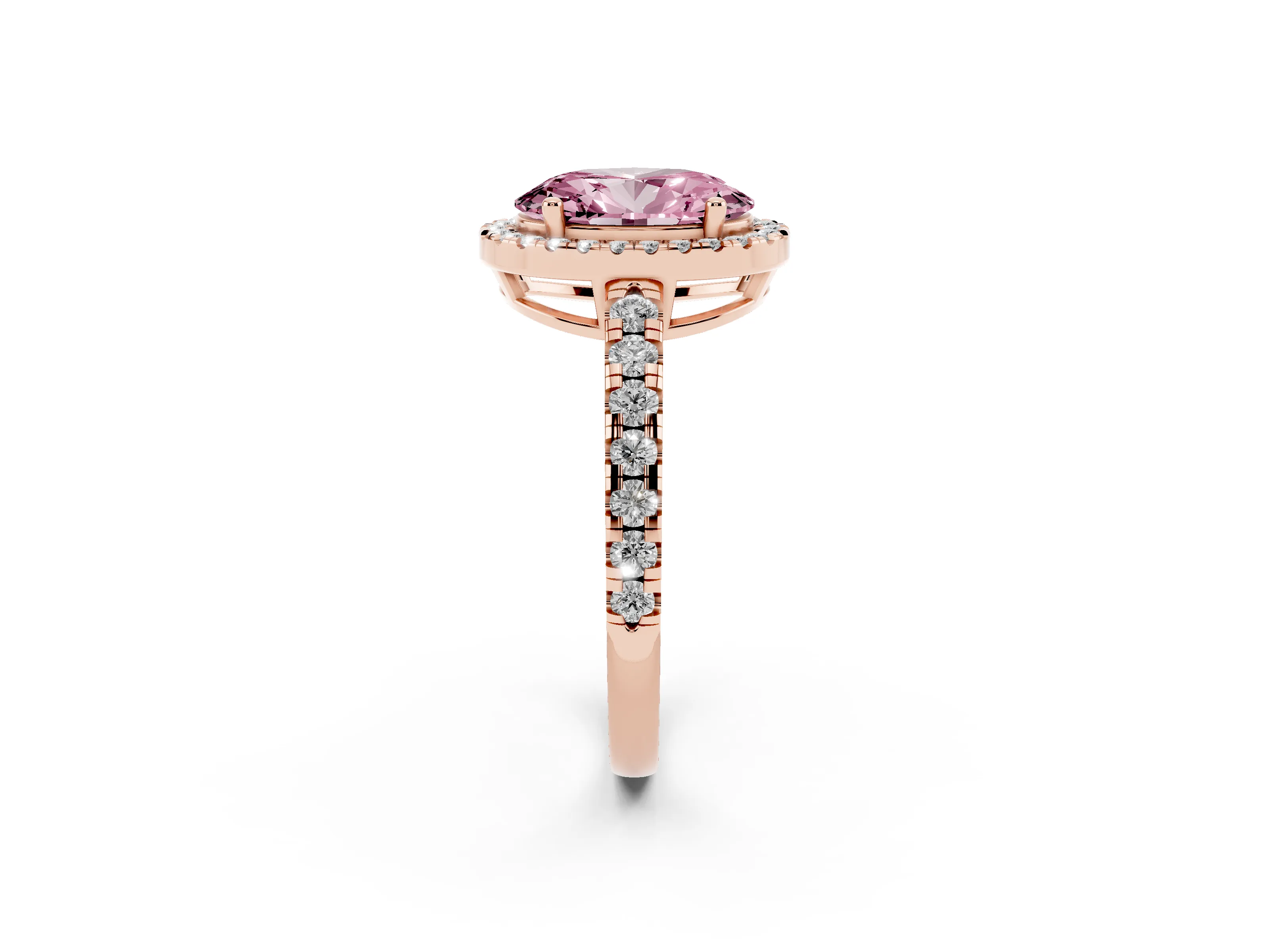Fancy Pink Oval Cut Diamond Halo Ring Set in Rose gold with Delicate Pavé Band and Prong Setting