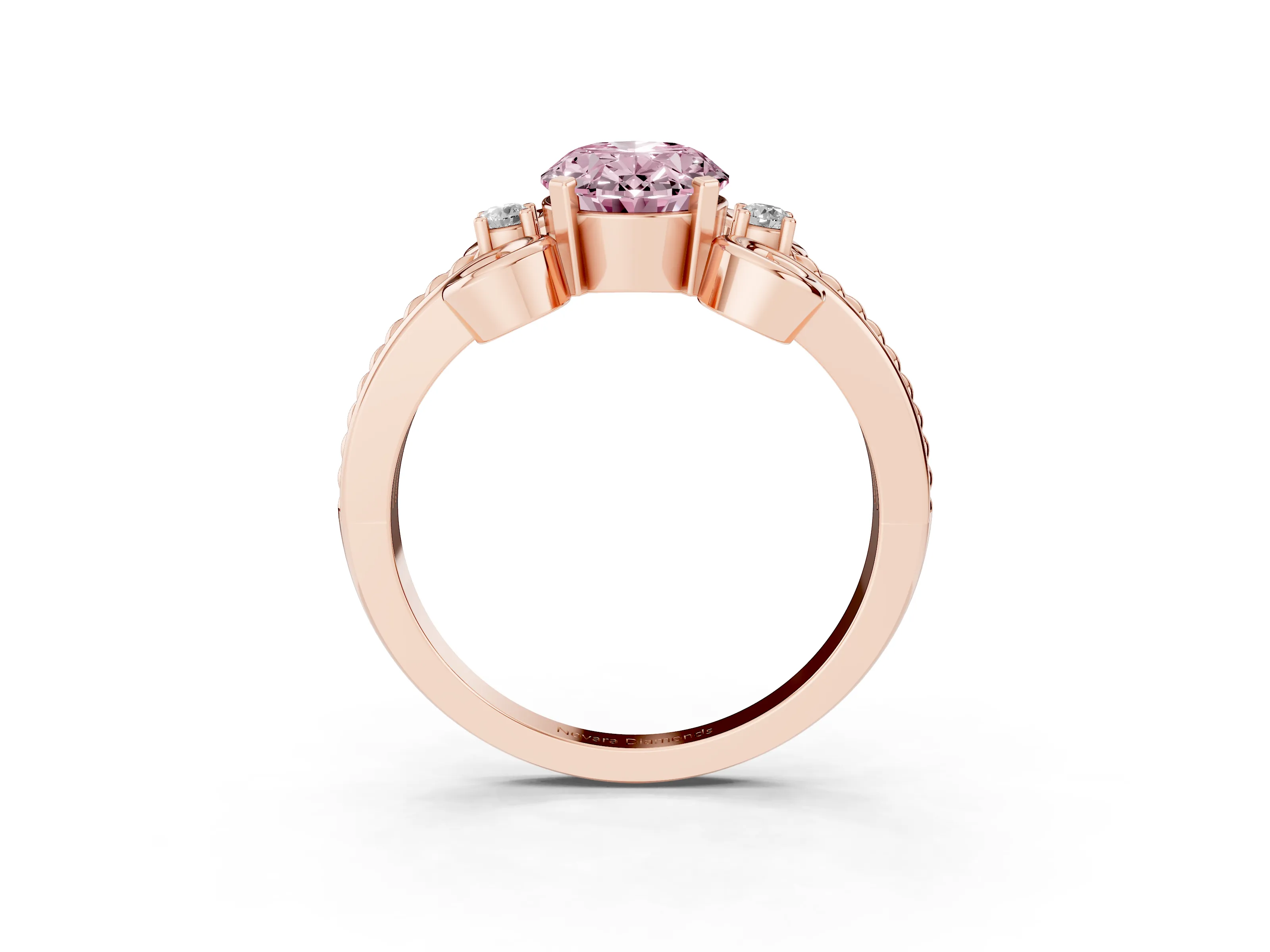 Fancy Pink Oval Cut Diamond Twisted Band Solitaire Ring Set in Rose gold with Scroll Prongs