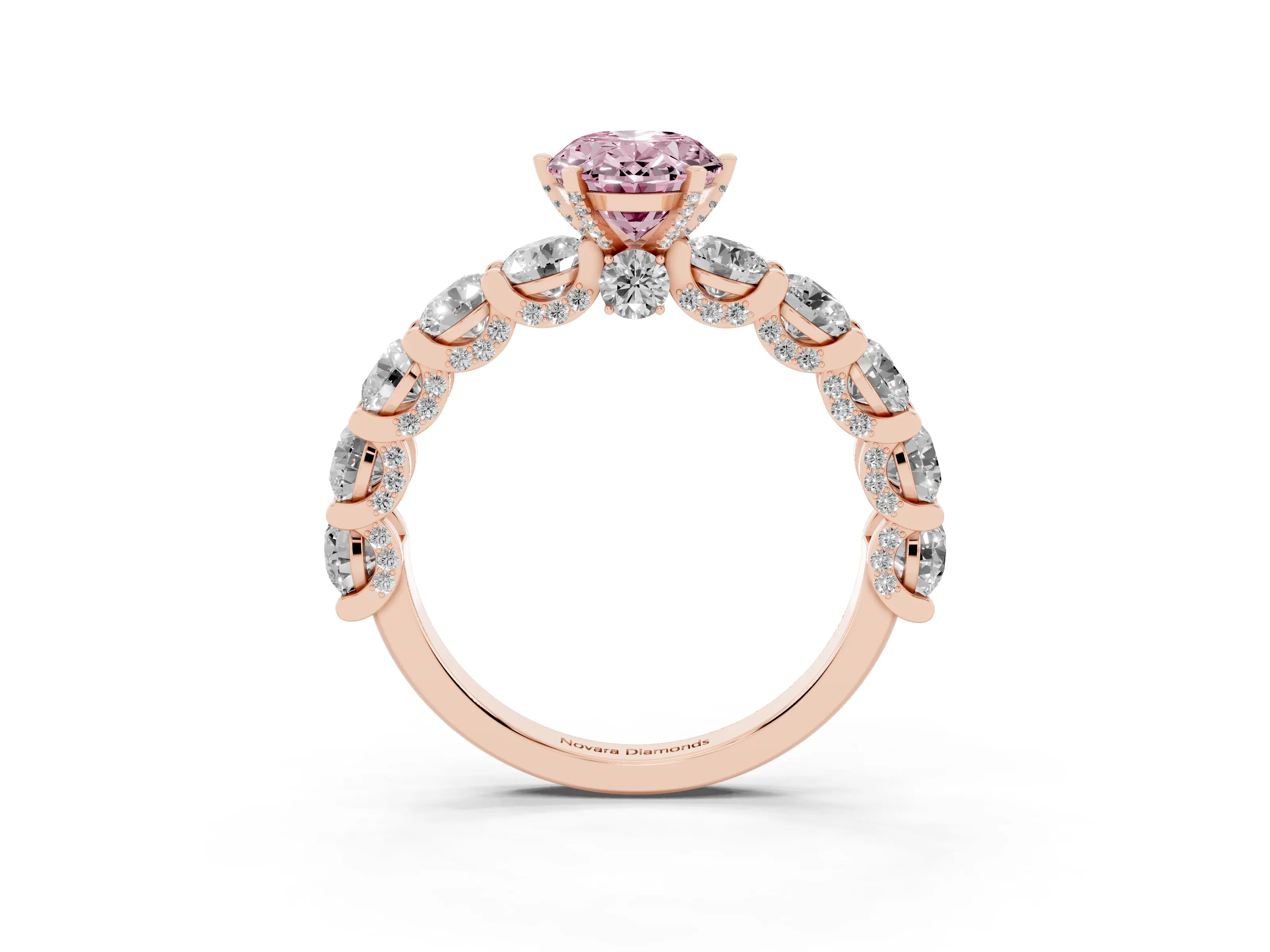Fancy Pink Oval Cut Diamond Side Stone Ring Set in Rose gold with Alternating Round and Oval Side Stones