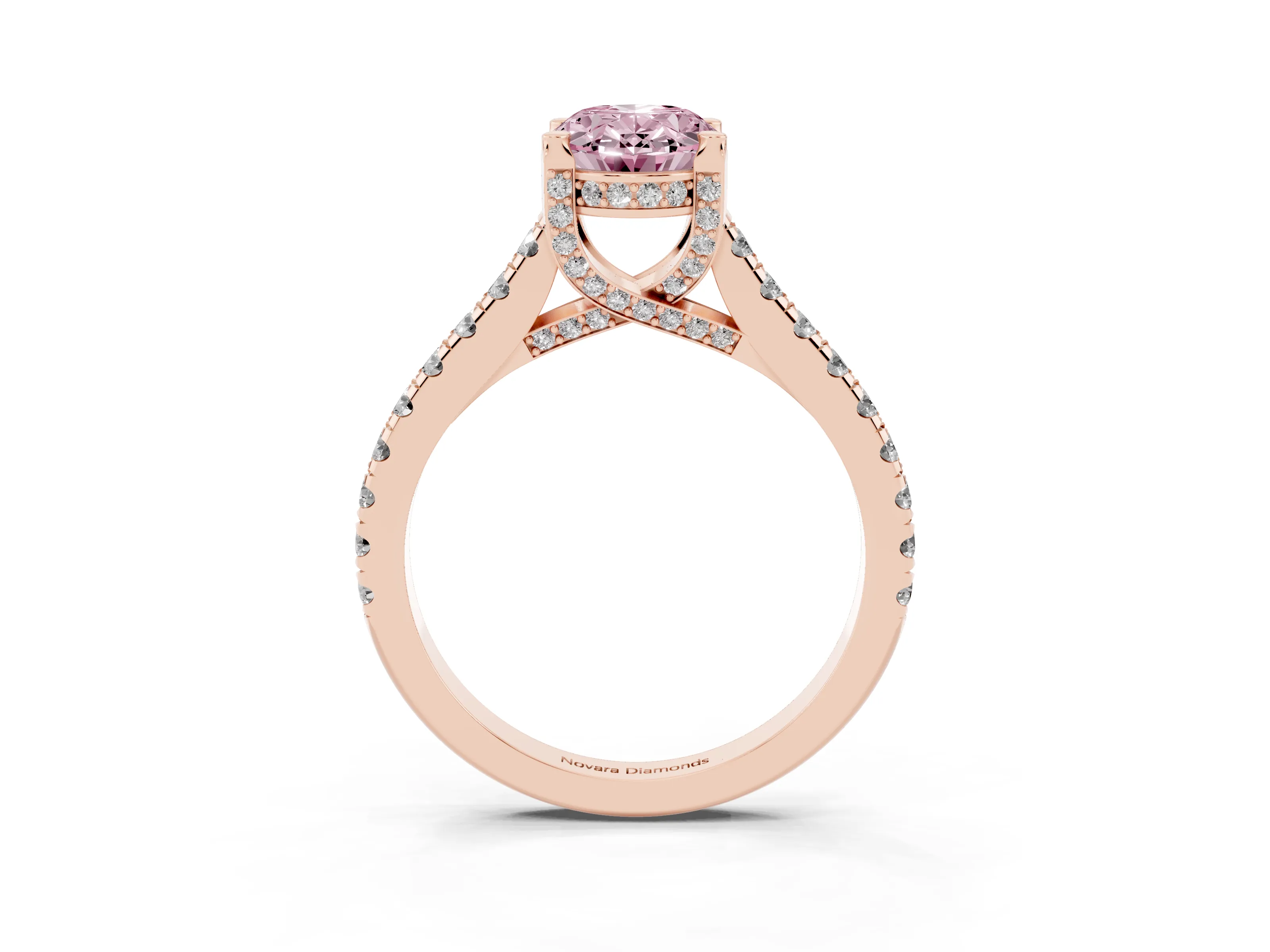 Fancy Pink Oval Cut Diamond Solitaire Ring Set in Rose gold with Brilliant Pavé Band and Prong Setting