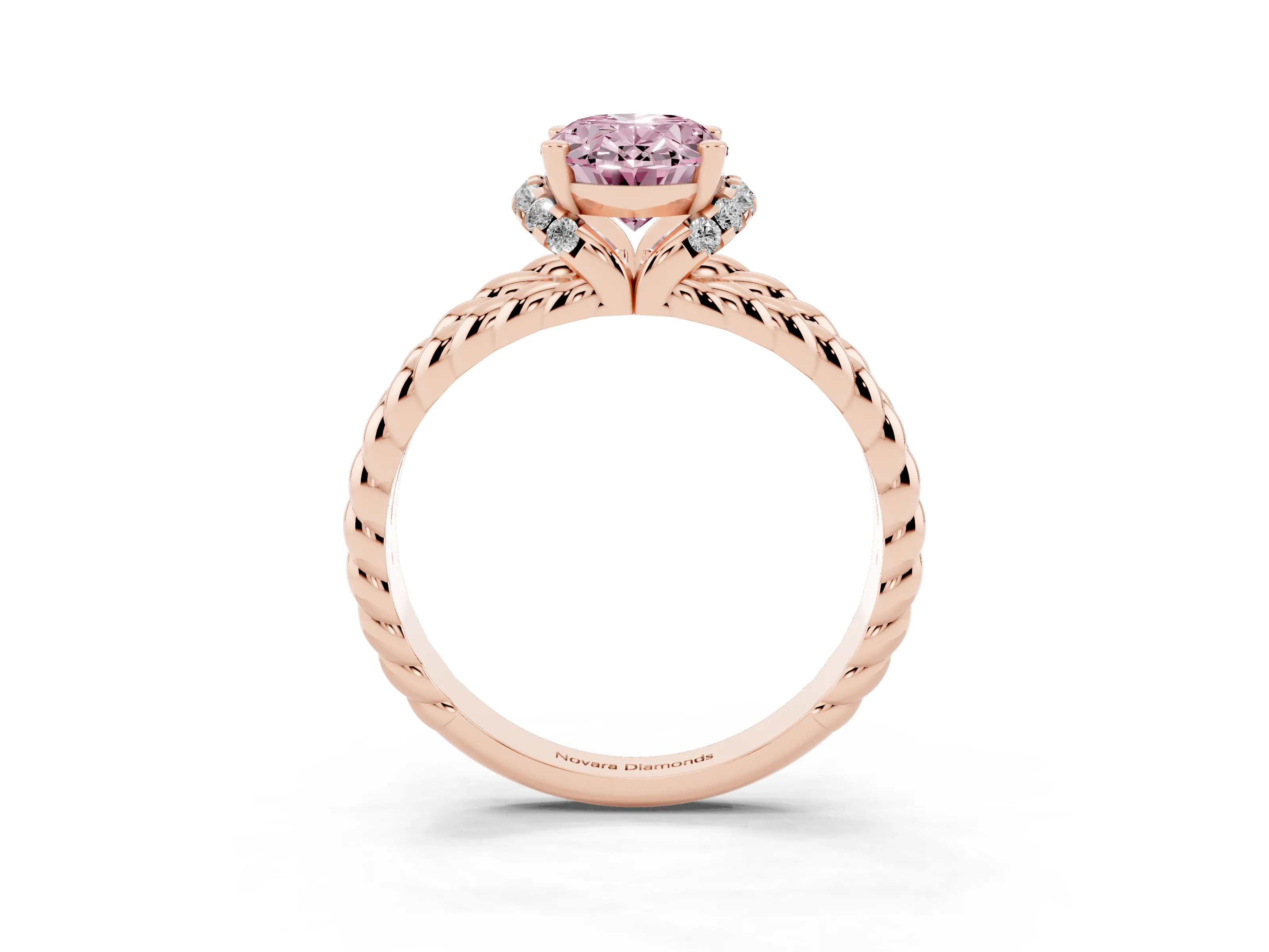 Fancy Pink Oval Cut Diamond Halo Ring Set in Rose gold with Twisted Band and Prong Setting