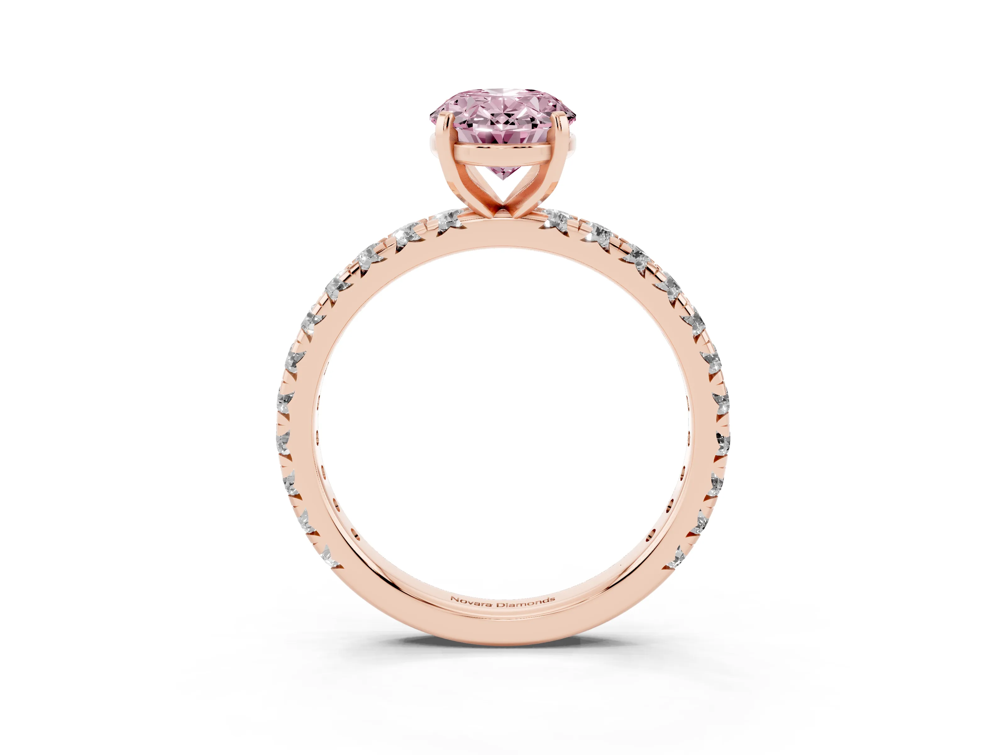 Fancy Pink Oval Cut Diamond Pavé Solitaire Ring Set in Rose gold with Round Band and Prong Setting