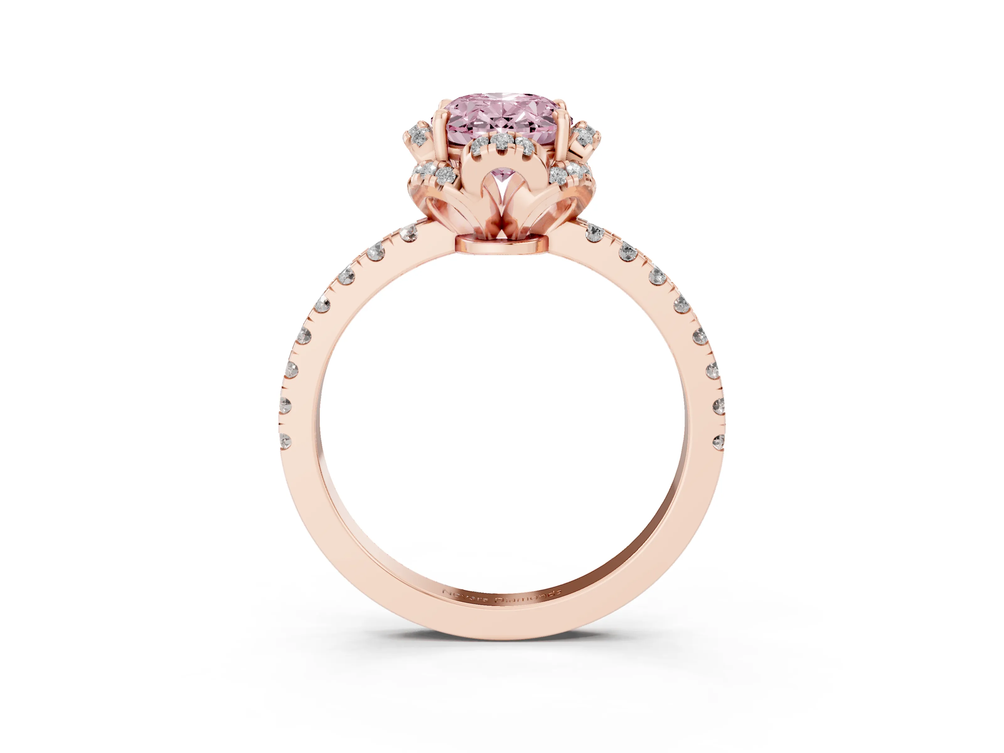 Fancy Pink Oval Cut Diamond Halo Pavé Band Ring Set in Rose gold with Prong-Held Center