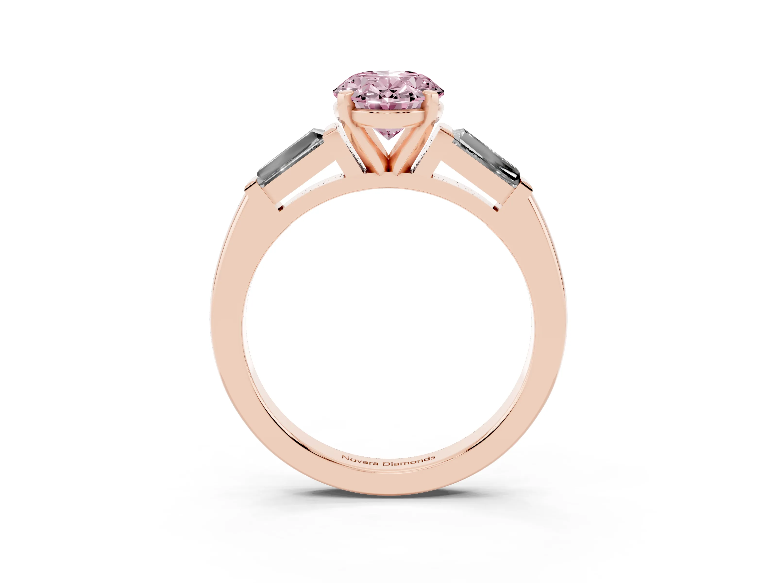 Fancy Pink Oval Cut Diamond Solitaire Ring Set in Rose gold with Tapered Baguette Side Stones and Prong Setting