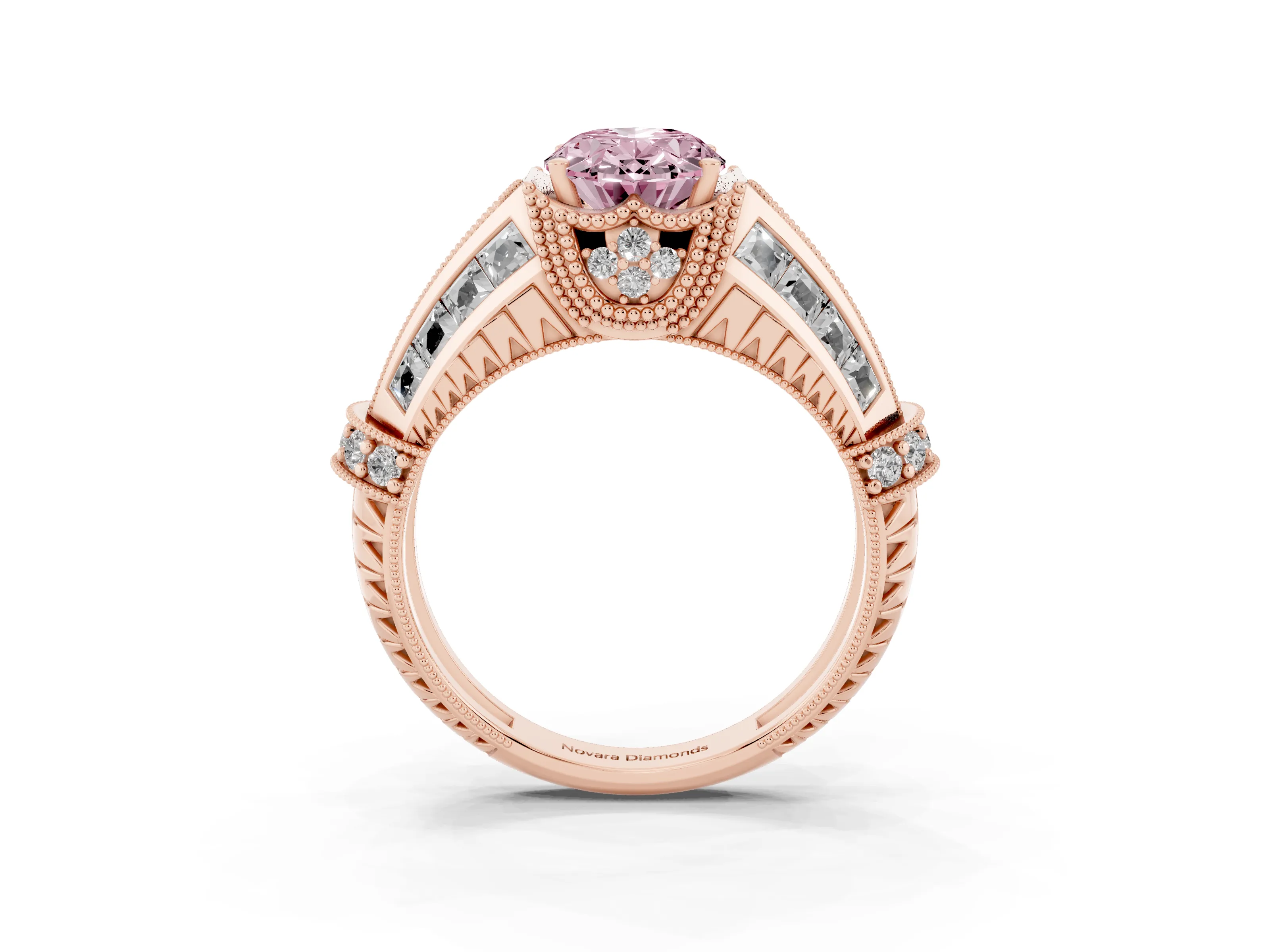 Fancy Pink Oval Cut Diamond Vintage-Inspired Milgrain Ring Set in Rose gold with Accent Split Shank