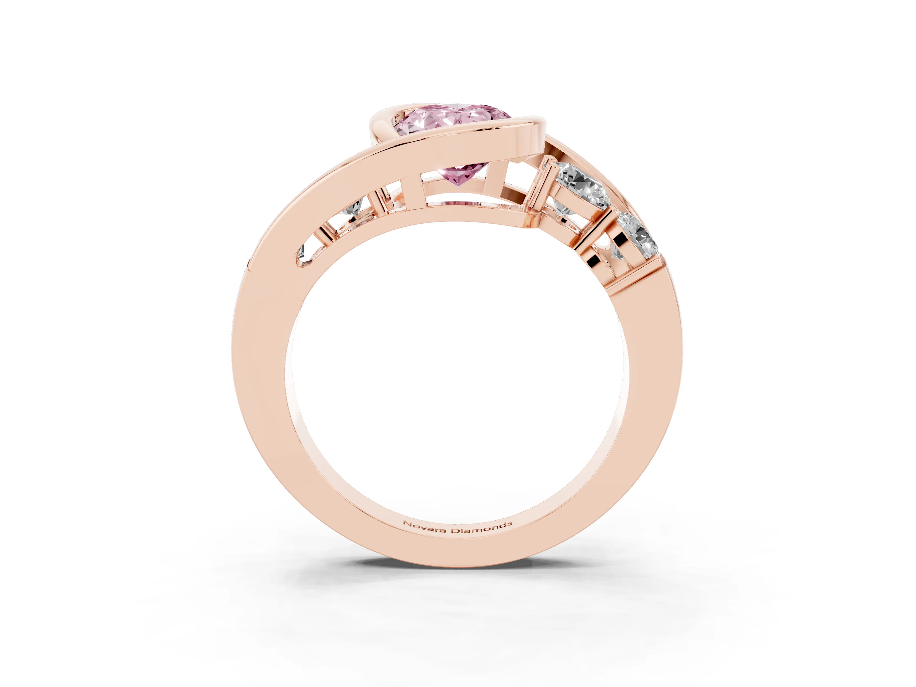 Fancy Pink Oval Cut Diamond Bezel Bypass Ring Set in Rose gold with Round Accents