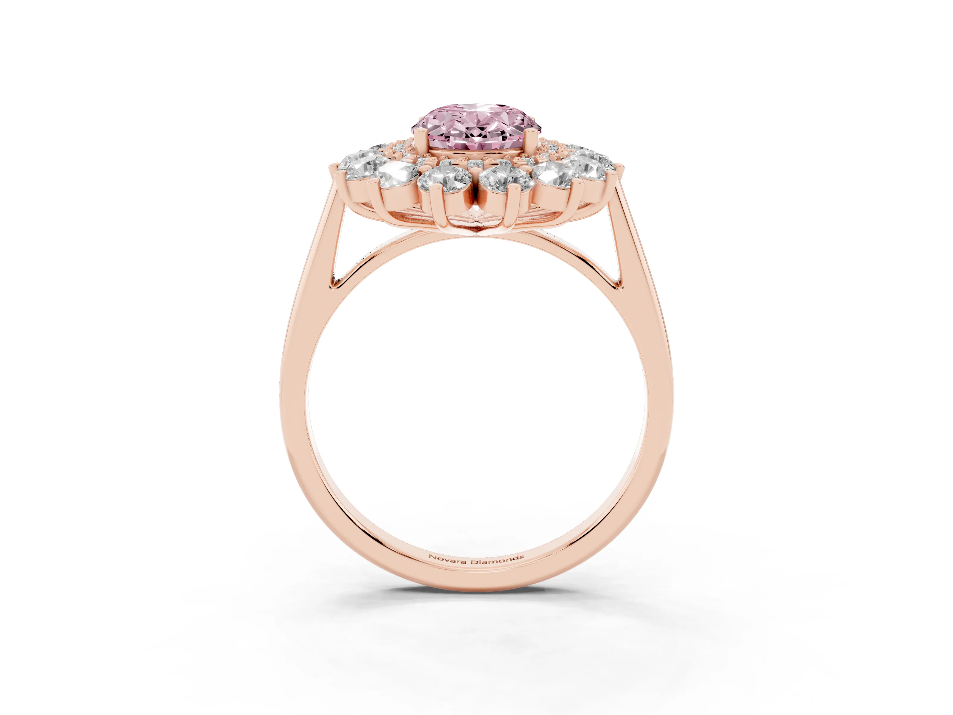 Fancy Pink Oval Cut Diamond Floral Double Halo Ring Set in Rose gold with Round Petals