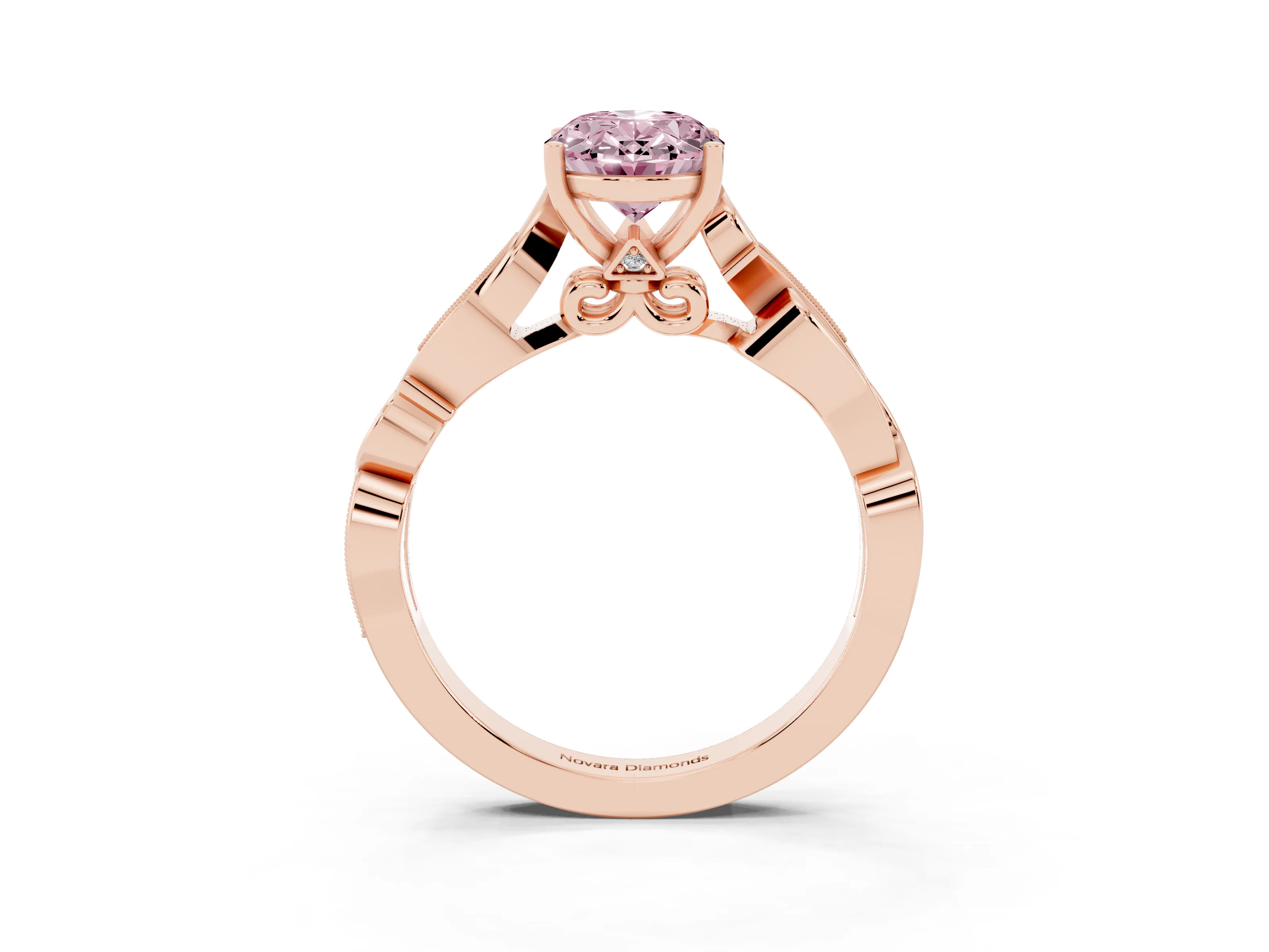 Fancy Pink Oval Cut Diamond Vine Band Solitaire Ring Set in Rose gold with Milgrain Prong Setting