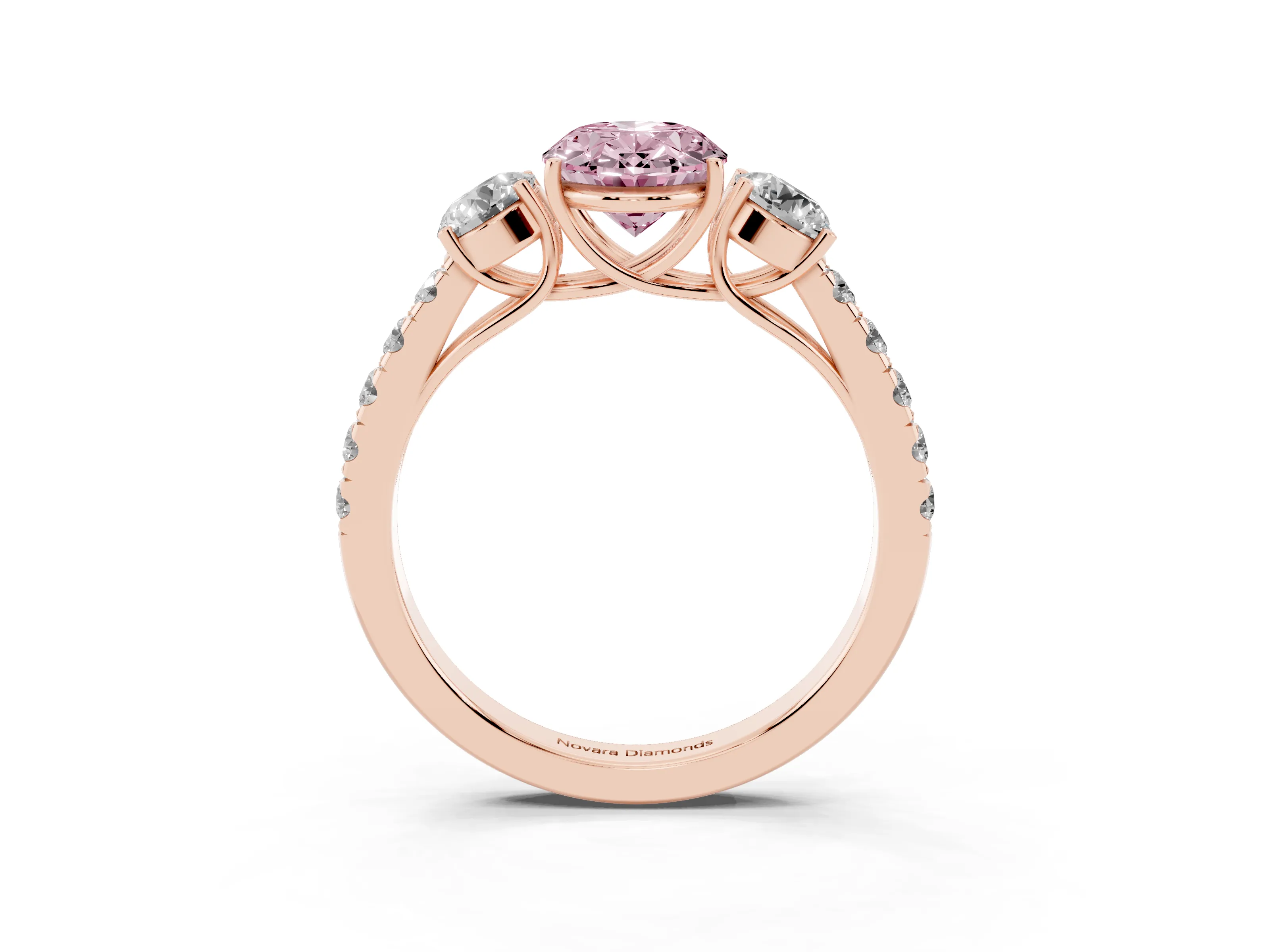 Fancy Pink Oval Cut Diamond Three-Stone Ring Set in Rose gold with Round Side Stones and Delicate Pavé Band