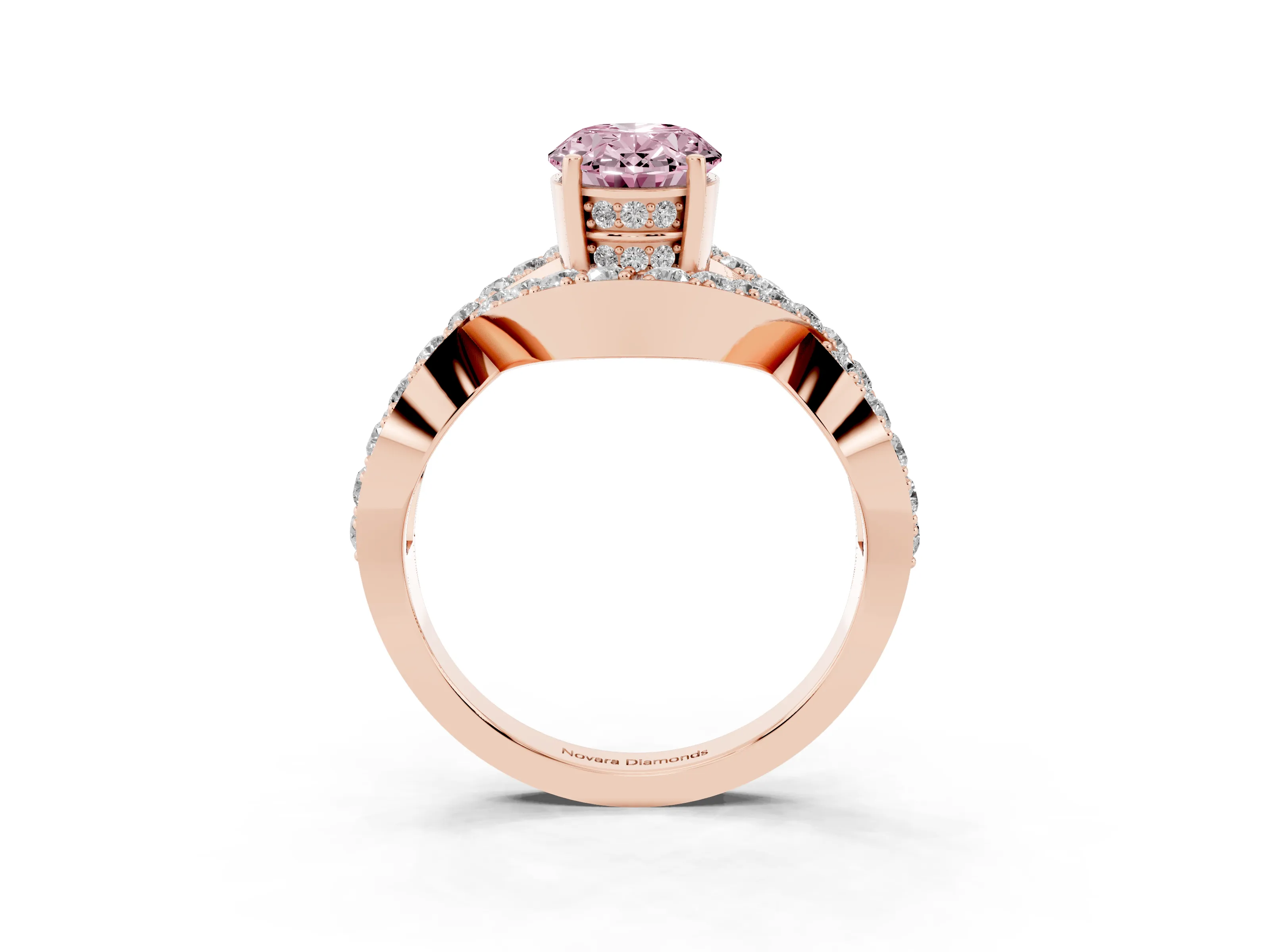 Fancy Pink Oval Cut Diamond Solitaire Twist Band Pavé Engagement Ring Set in Rose gold