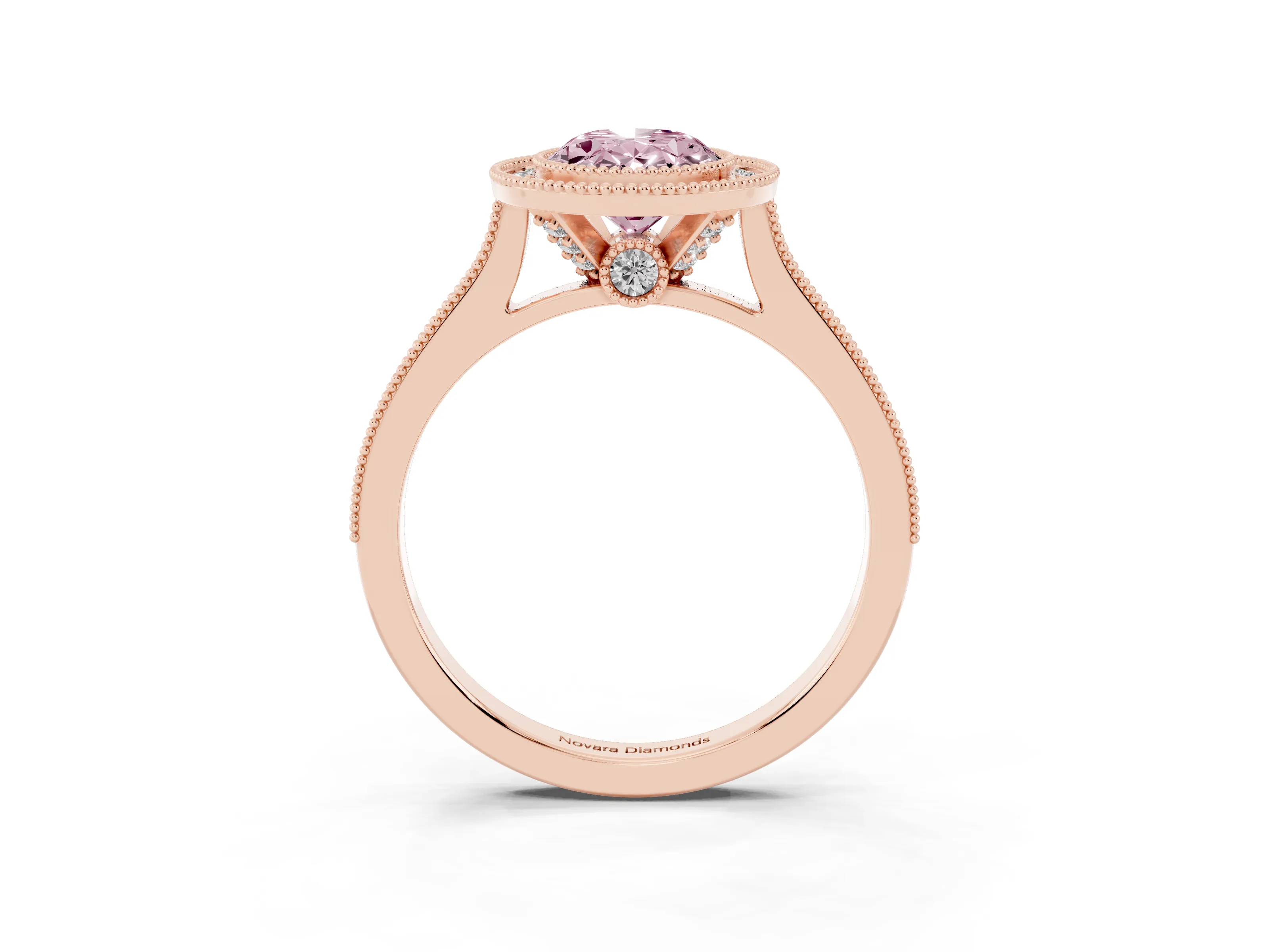 Fancy Pink Oval Cut Diamond Halo Milgrain Pavé Band Ring Set in Rose gold with Prong Setting