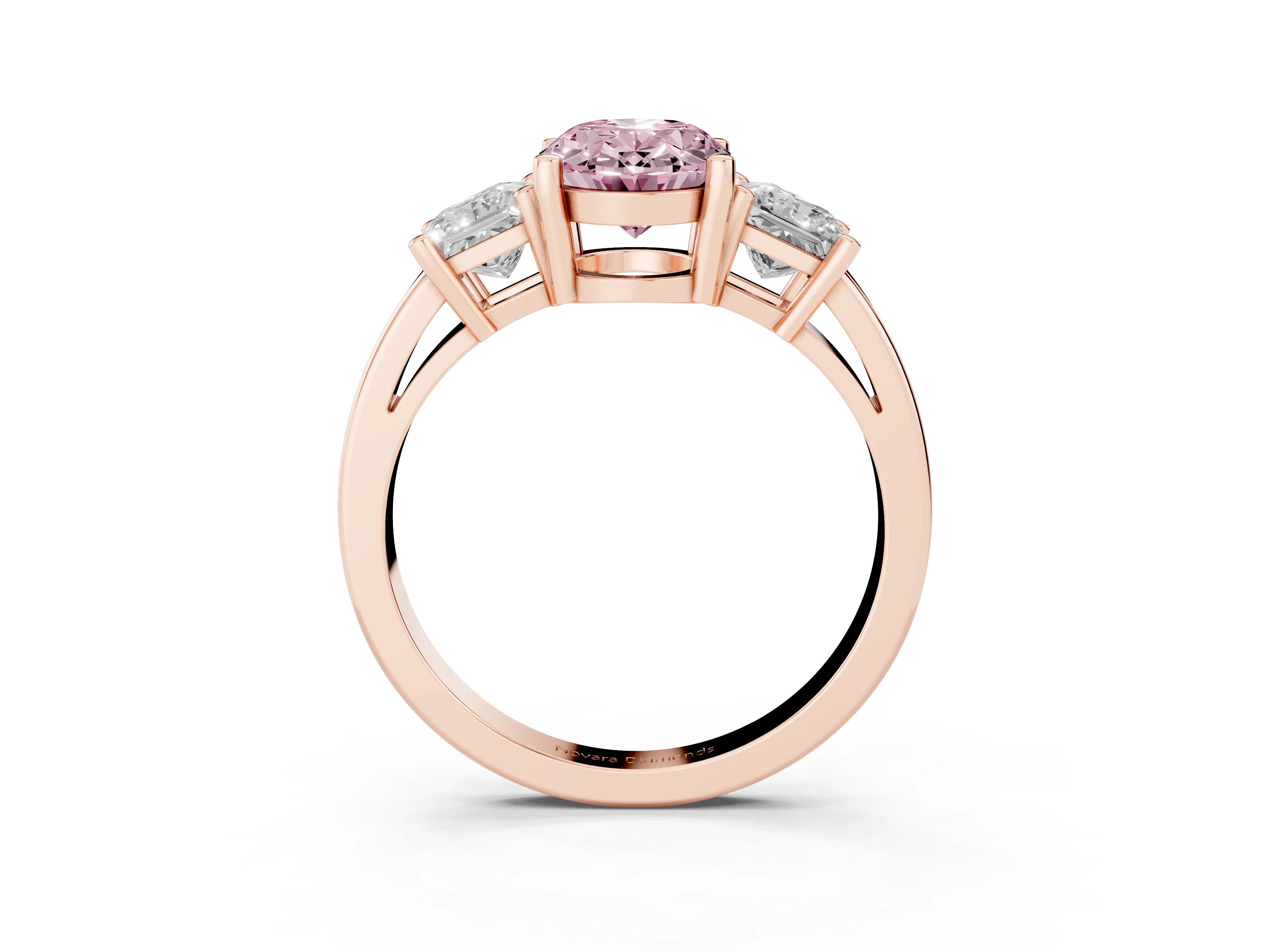 Fancy Pink Three-Stone Oval Cut Diamond Solitaire Ring Set in Rose gold with Prong Setting
