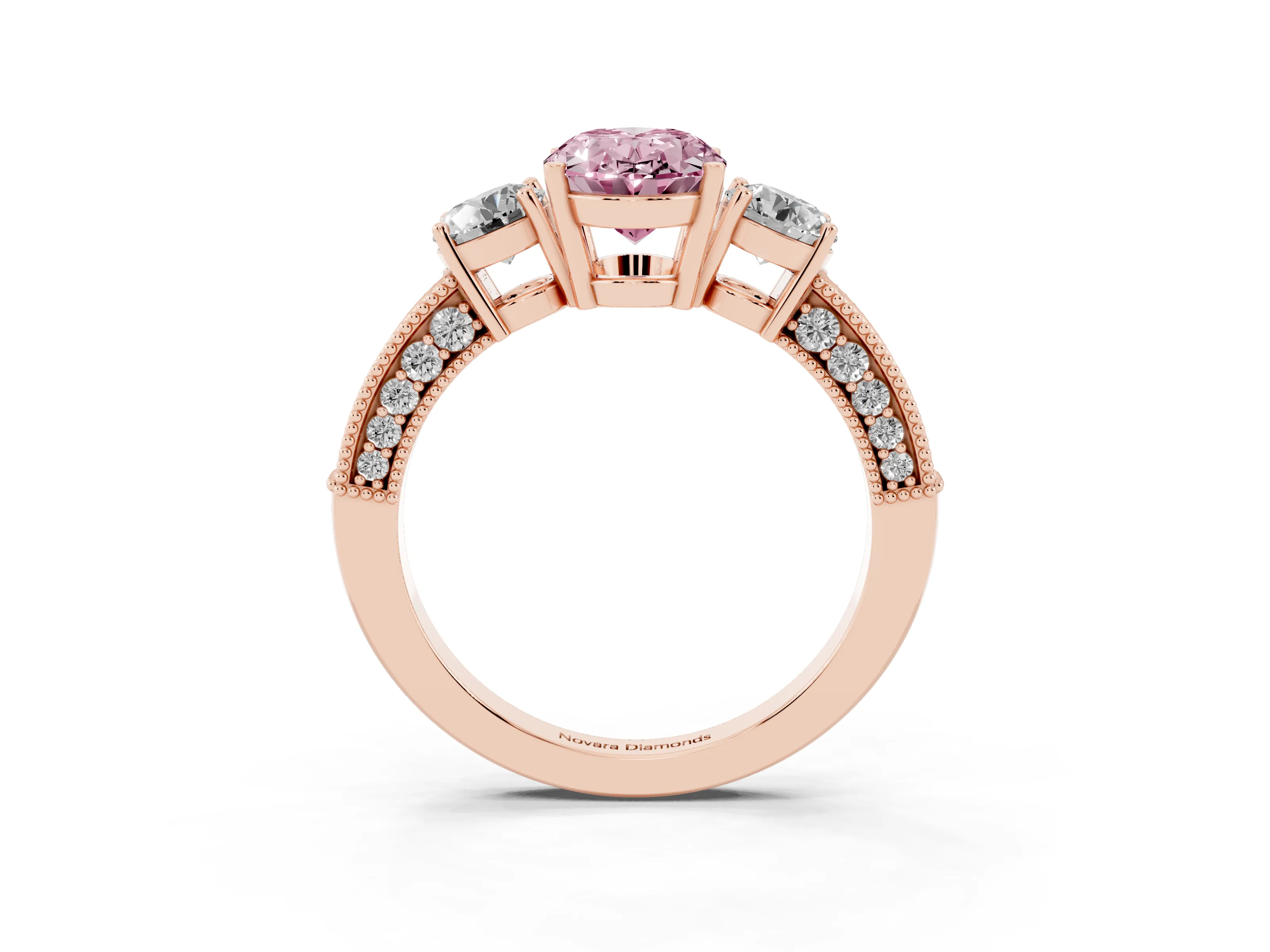 Fancy Pink Oval Cut Diamond Three-Stone Ring Set in Rose gold with Round Side Stones and Pavé Band