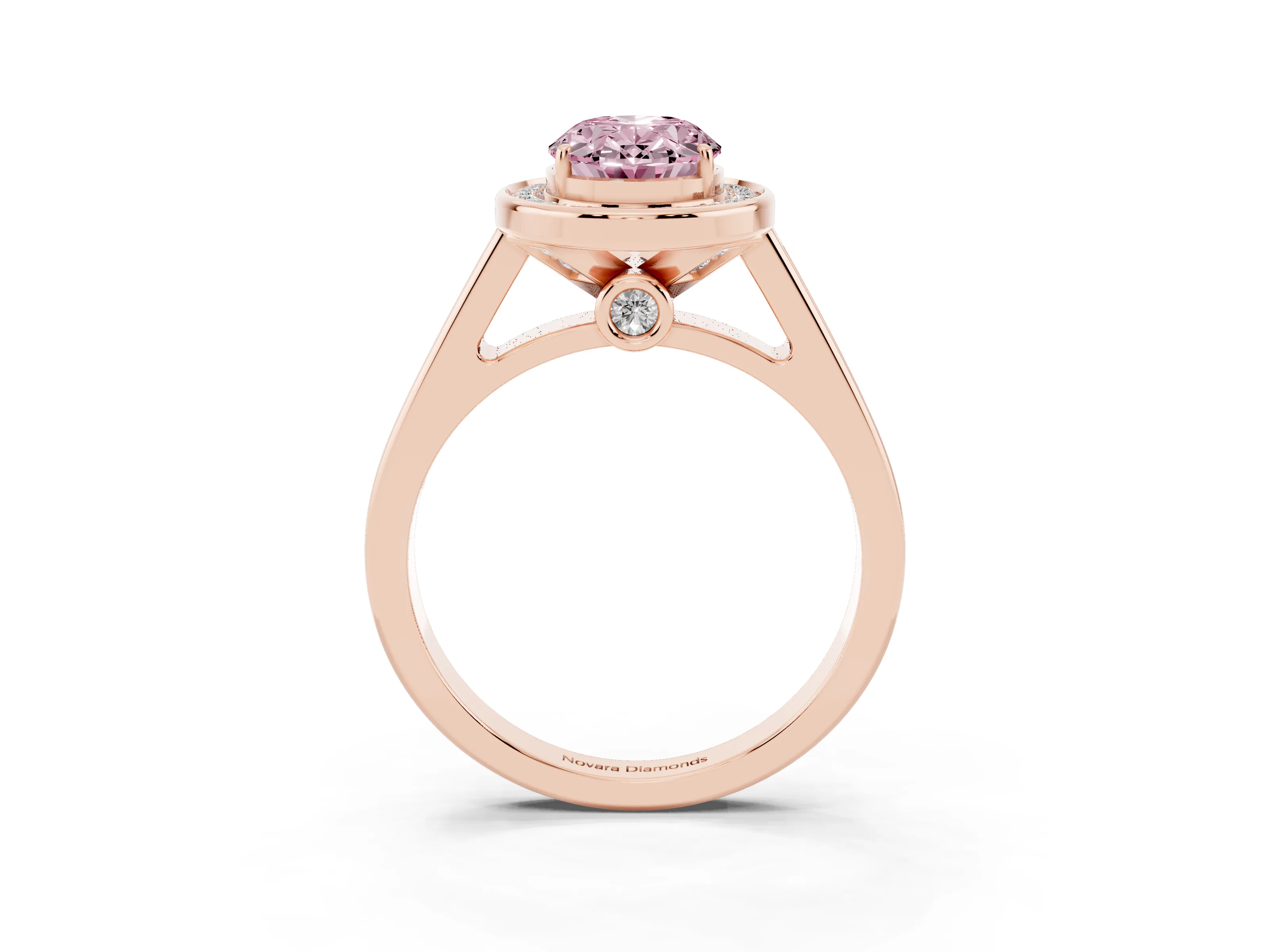 Fancy Pink Oval Cut Diamond Halo Solitaire Ring Set in Rose gold with Pavé Band and Bezel Setting