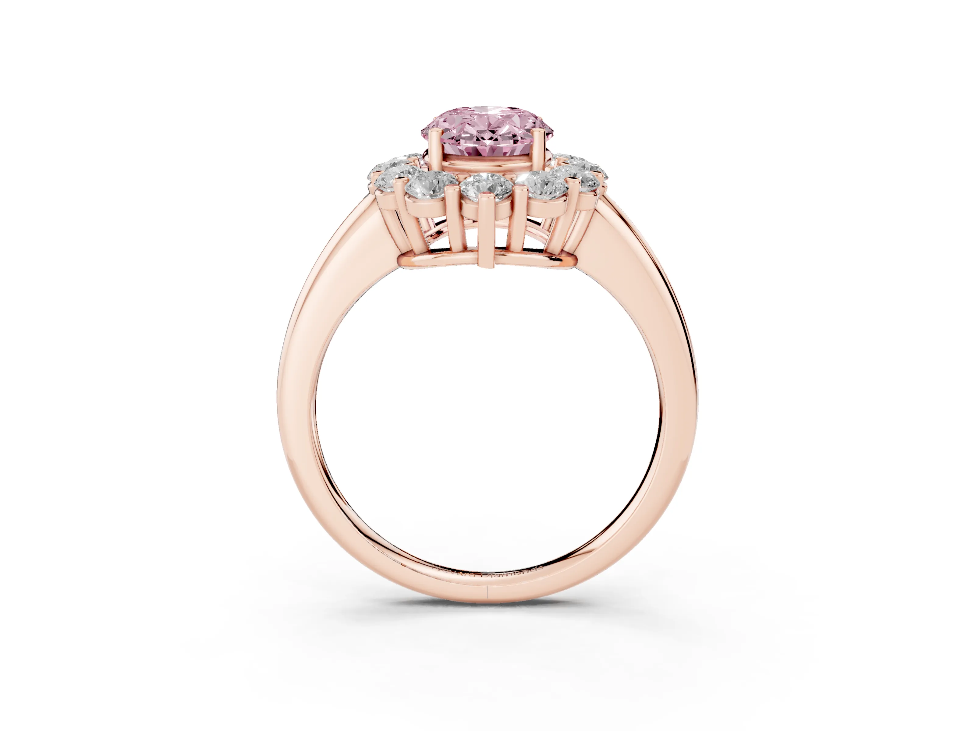 Fancy Pink Oval Cut Diamond Halo Cluster Engagement Ring Set in Rose gold with Polished Band and Prong Setting