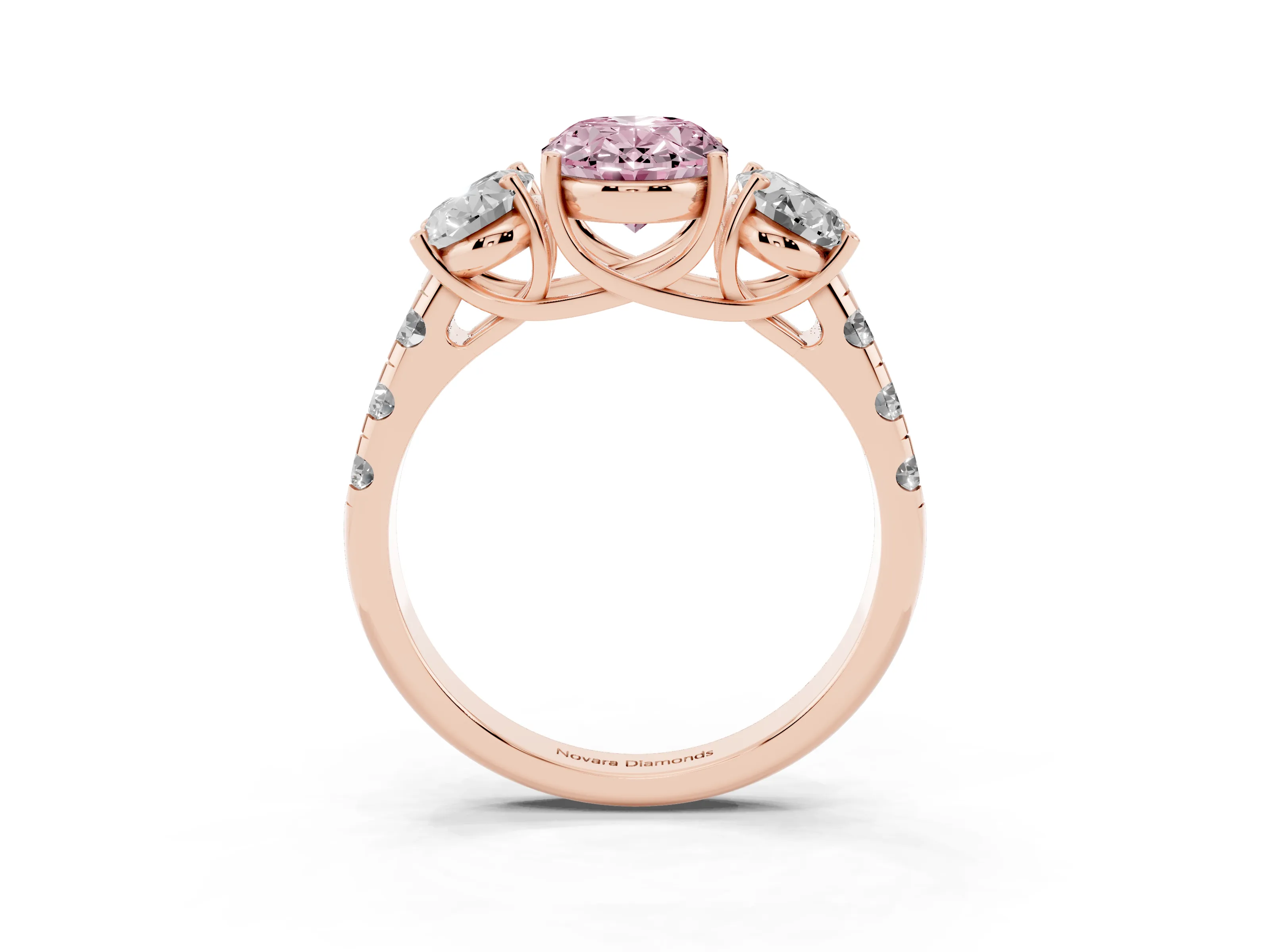 Fancy Pink Oval Cut Diamond Three-Stone Ring Set in Rose gold with Pavé Band