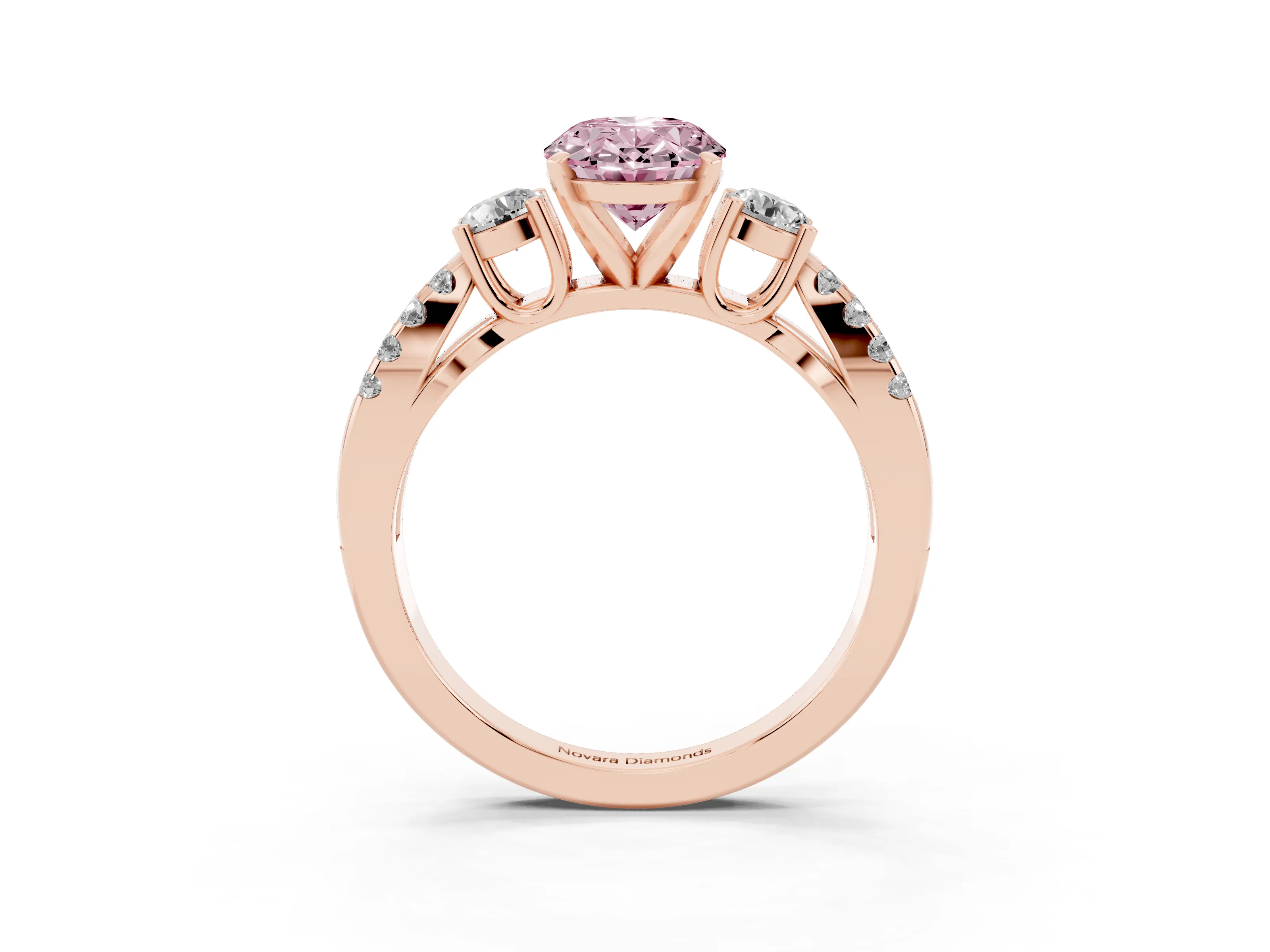 Fancy Pink Oval Cut Diamond Three-Stone Ring Set in Rose gold with Pavé Split Shank and Prong Setting