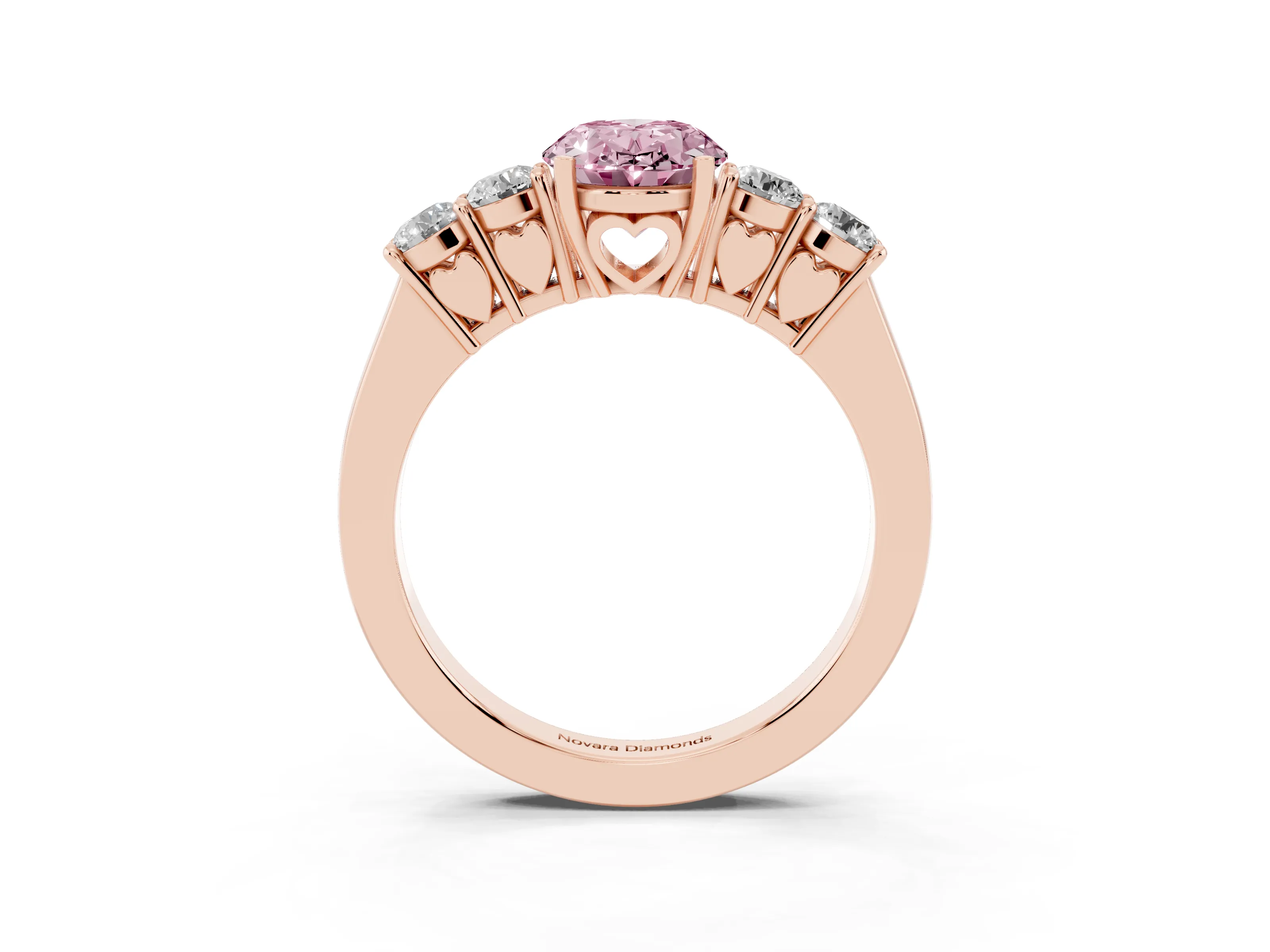 Fancy Pink Oval Cut Diamond Five-Stone Prong Set Band Ring Set in Rose gold with Polished Band