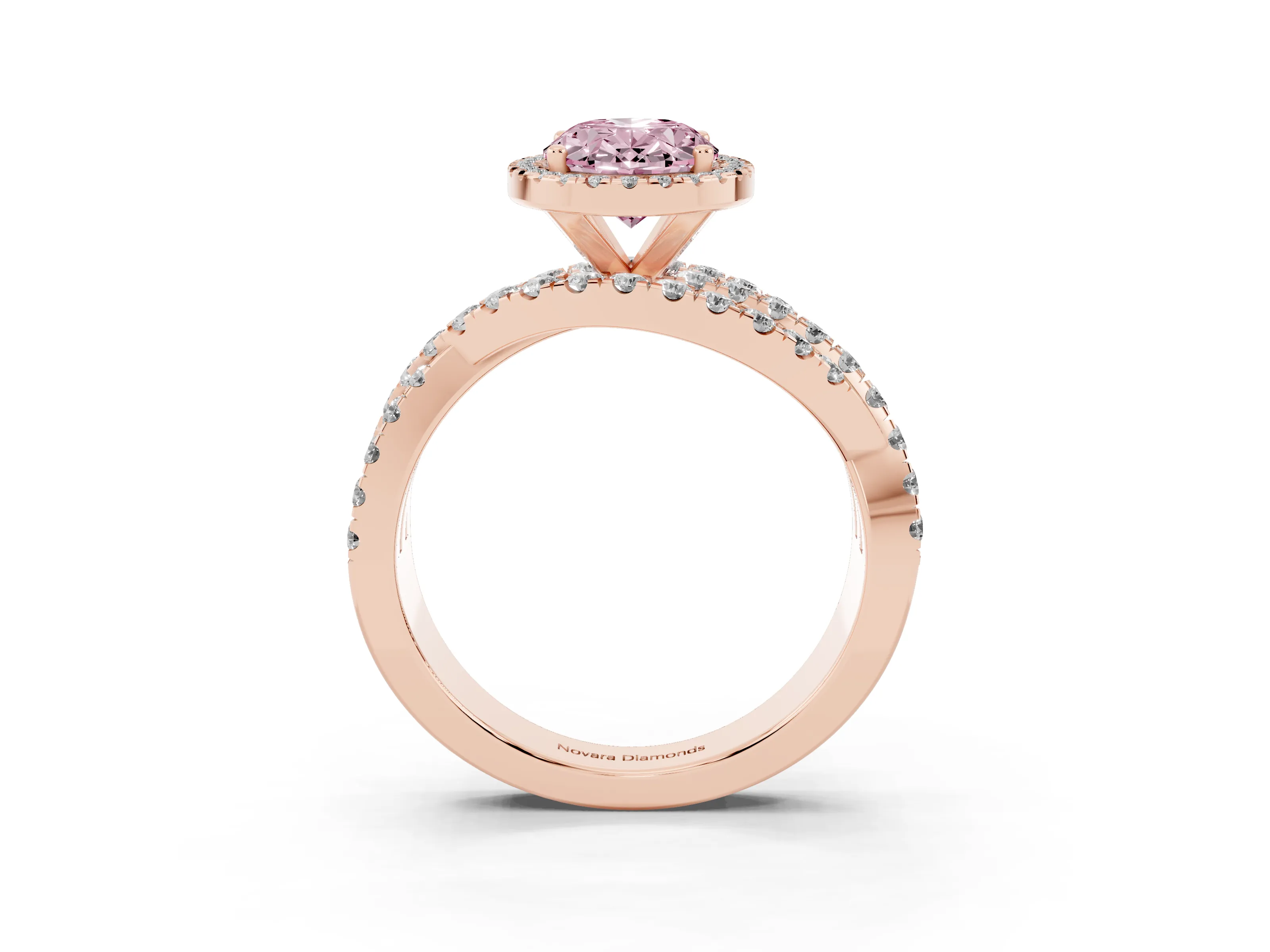 Fancy Pink Oval Cut Diamond Halo Ring Set in Rose gold with Round Crossover Split Shank and Prong Setting