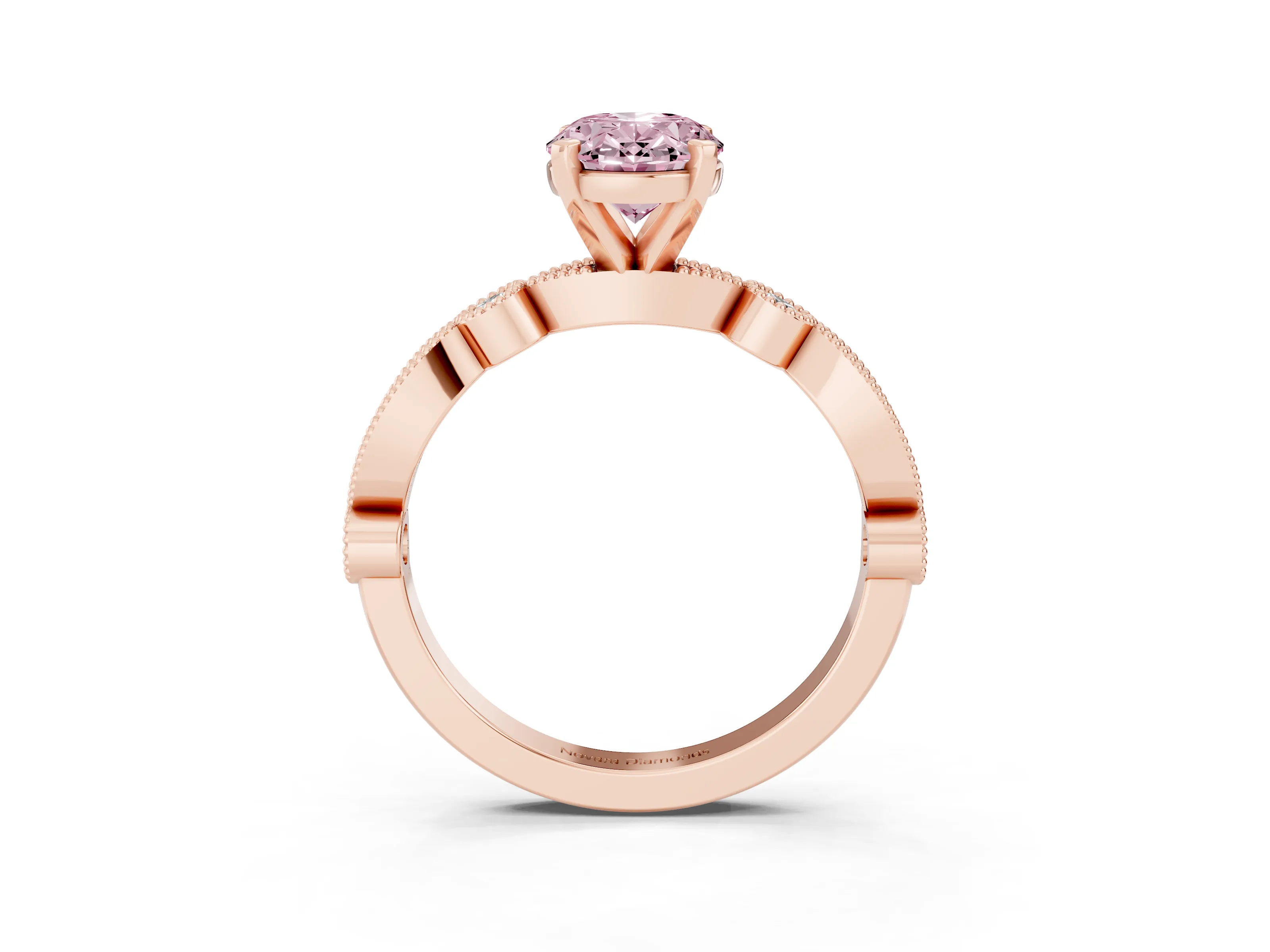 Fancy Pink Oval Cut Diamond Solitaire Engagement Ring Set in Rose gold with Milgrain Bezel Accent Band