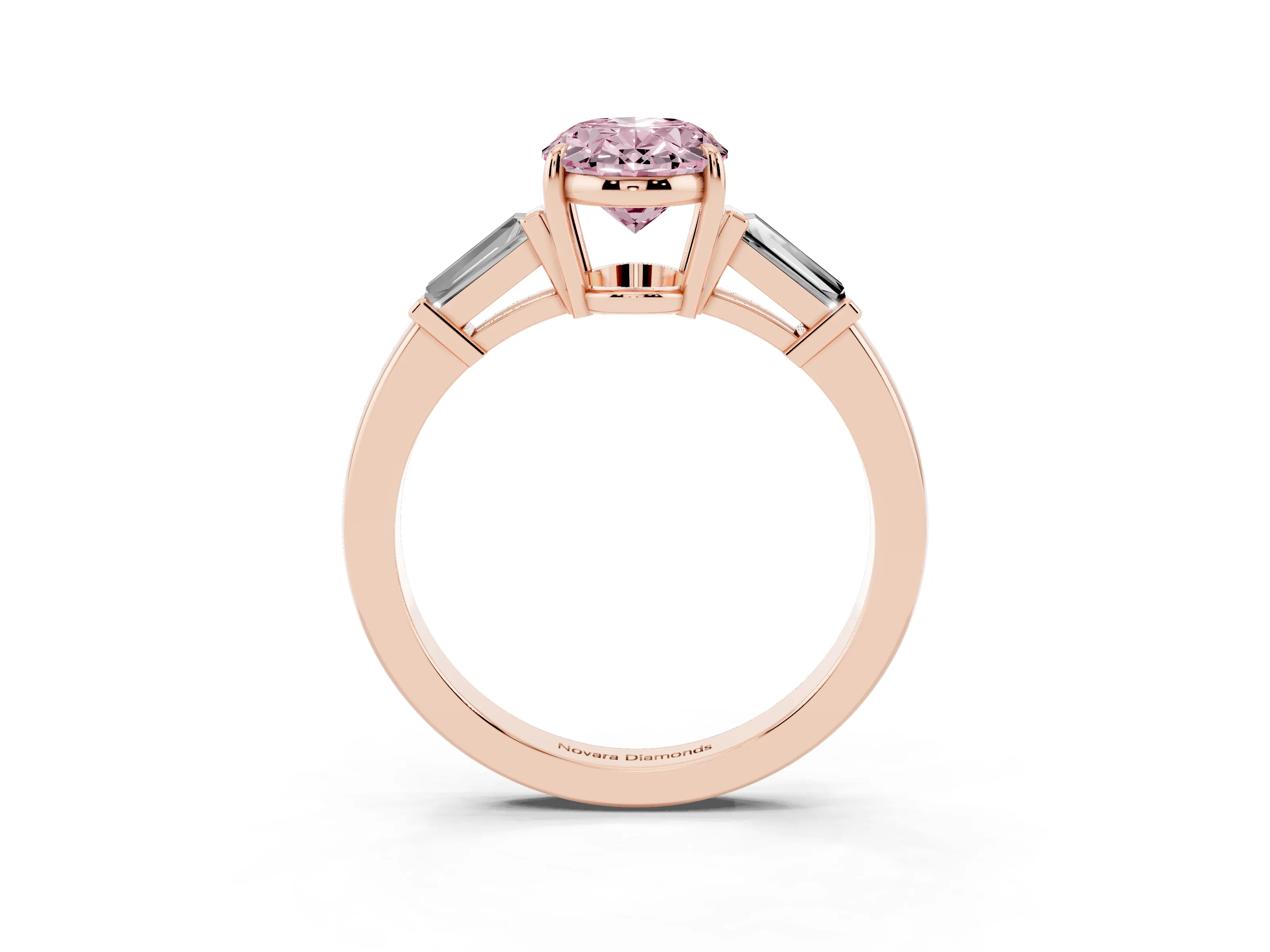 Fancy Pink Oval Cut Diamond Three-Stone Ring Set in Rose gold with Tapered Baguette Side Stones and Prong Setting