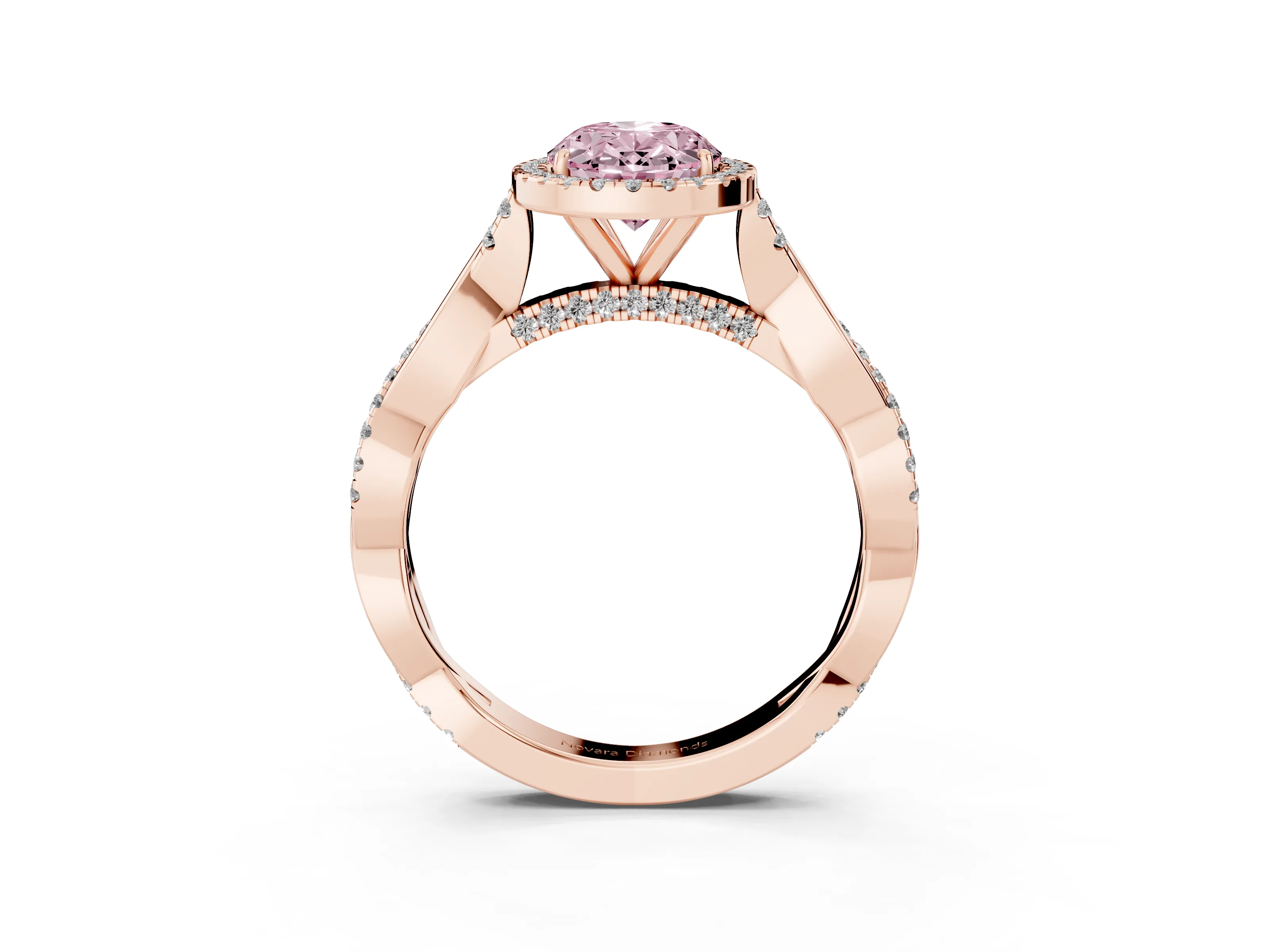 Fancy Pink Oval Cut Diamond Halo Twist Band Solitaire Ring Set in Rose gold with Prong Setting