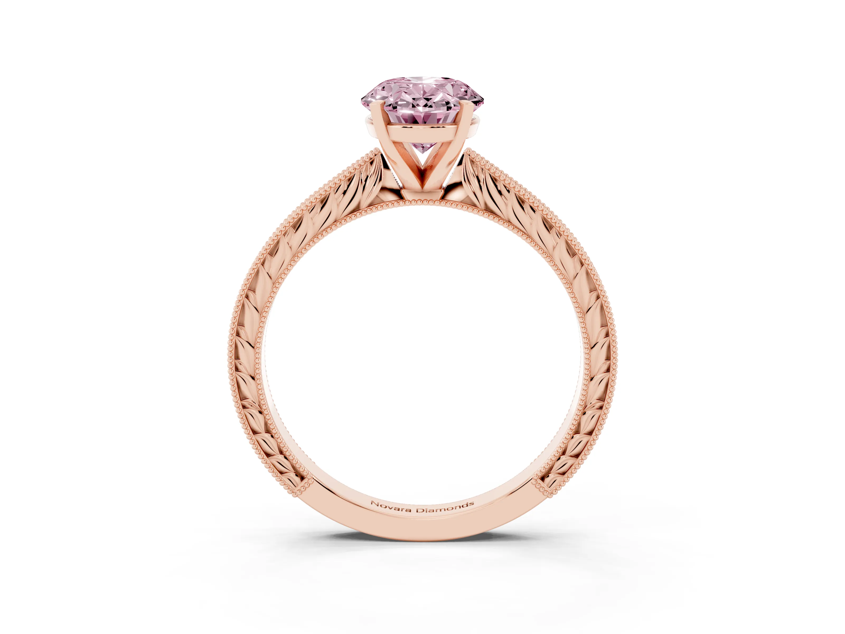 Fancy Pink Oval Cut Diamond Solitaire Milgrain Engraved Band Set in Rose gold with Prong Setting