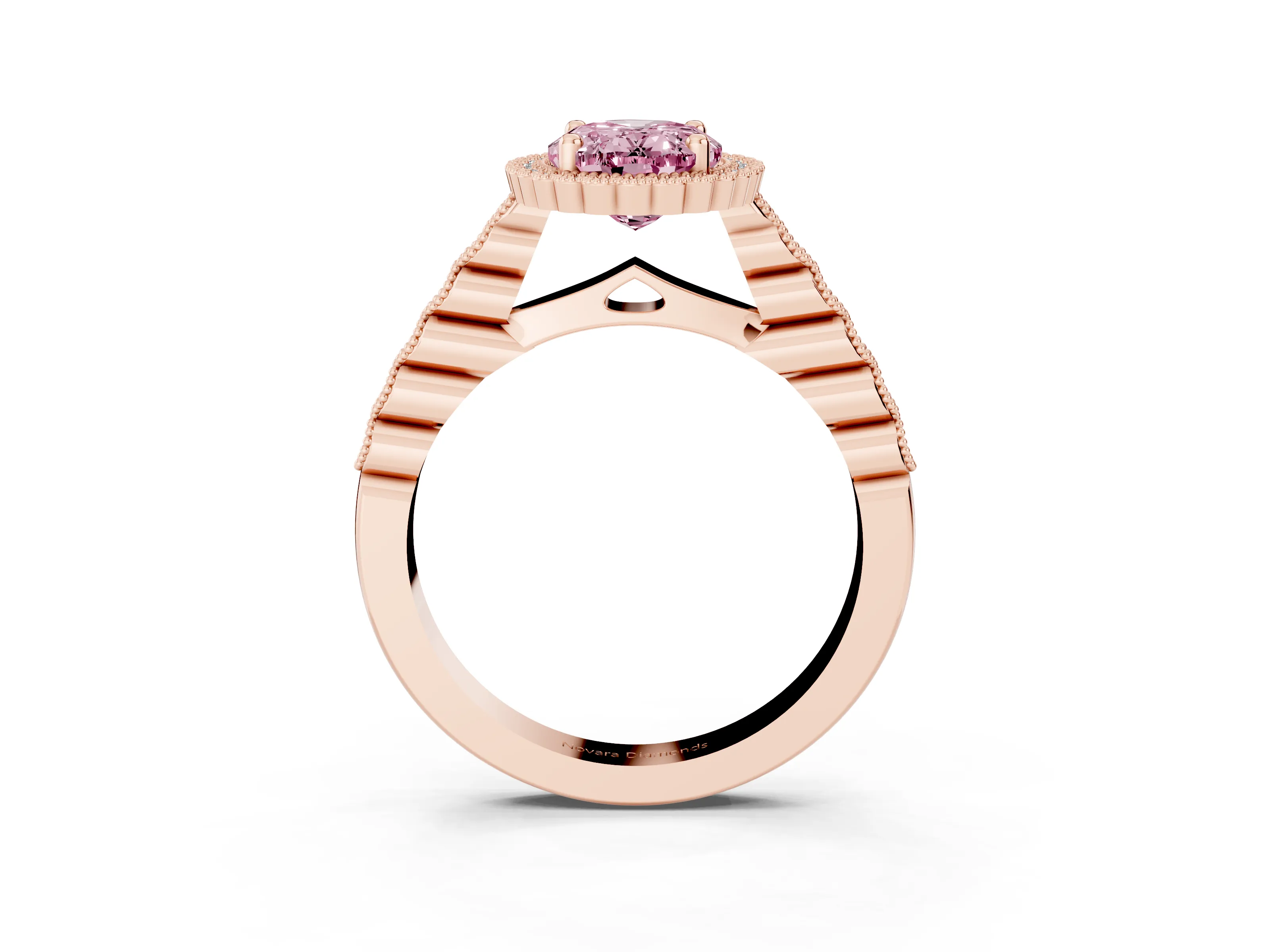 Fancy Pink Oval Cut Diamond Halo Ring Set in Rose gold with Pavé Milgrain Band