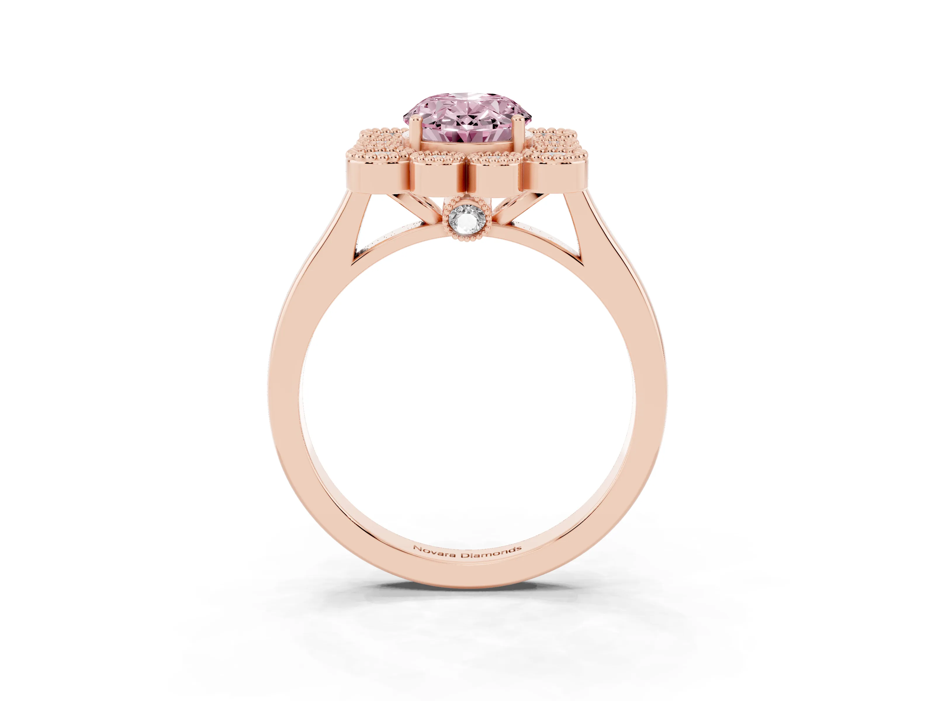 Fancy Pink Oval Cut Diamond Cluster Halo Ring Set in Rose gold with Milgrain Bezel Accents and Plain Band