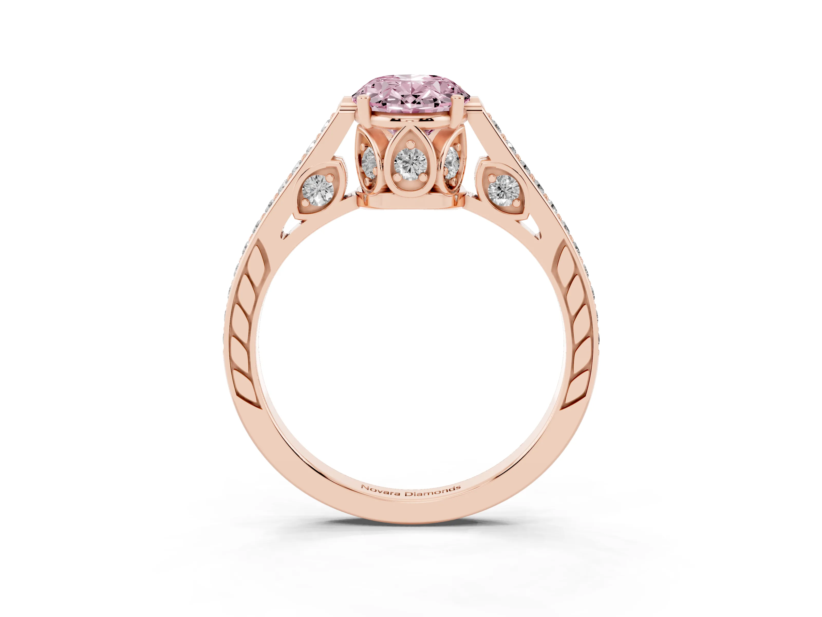 Fancy Pink Oval Cut Diamond Cathedral Pavé Engagement Ring Set in Rose gold with Prong Setting