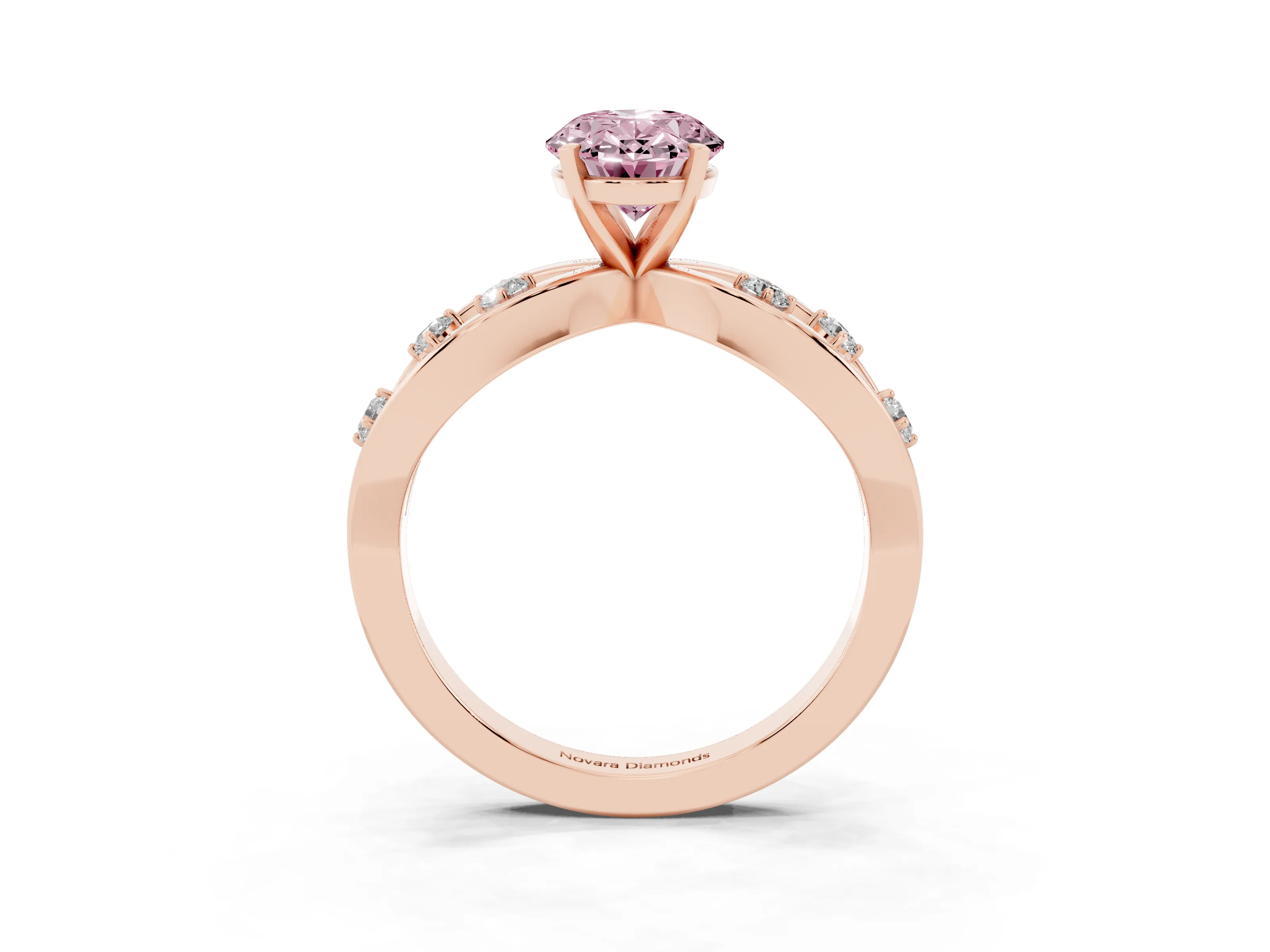 Fancy Pink Oval Cut Diamond Solitaire Ring Set in Rose gold with Side Stones on Criss-Cross Band and Prong Setting