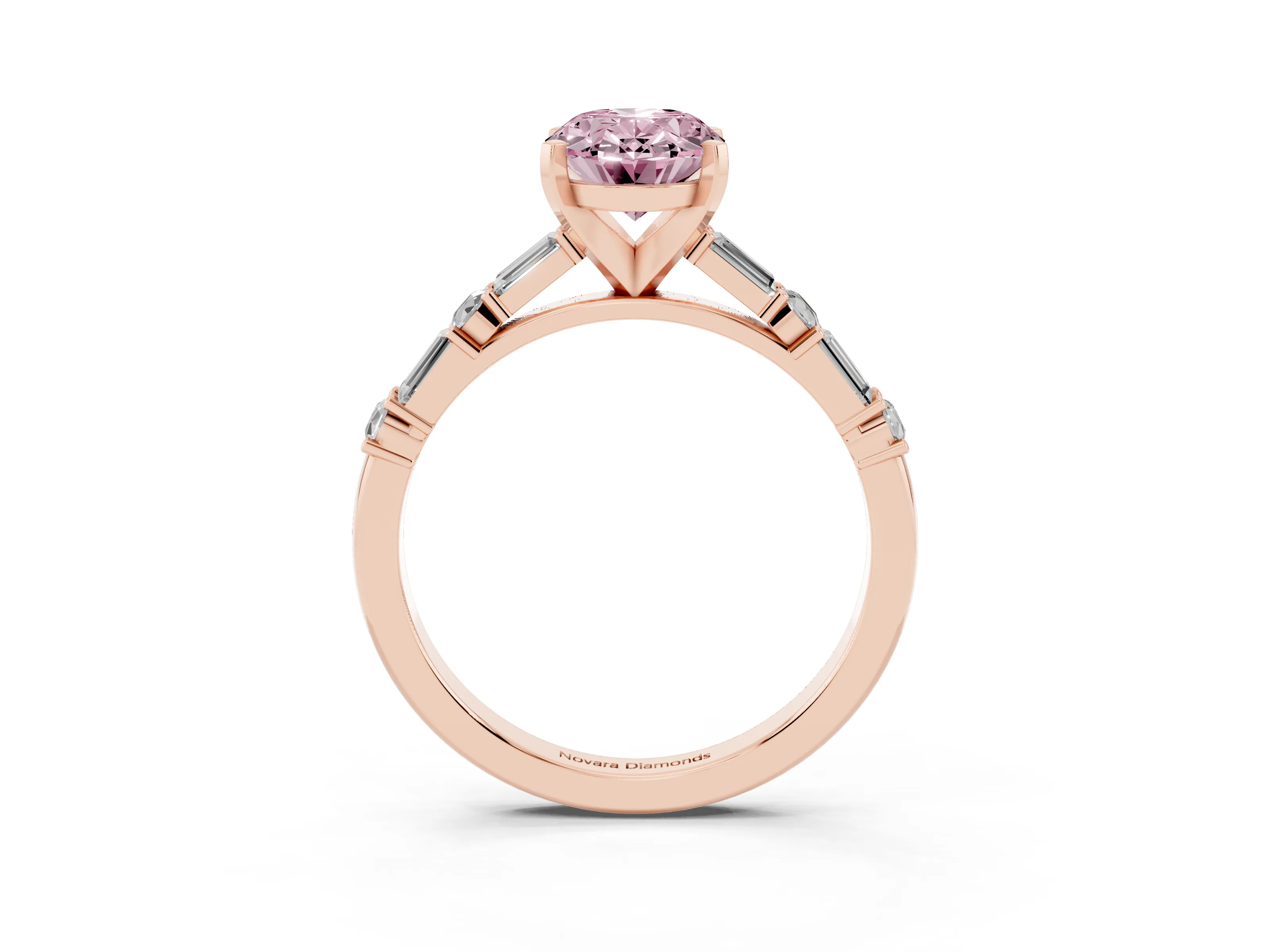 Fancy Pink Oval Cut Diamond Solitaire Set in Rose gold with Side Baguettes and Channel Set Band