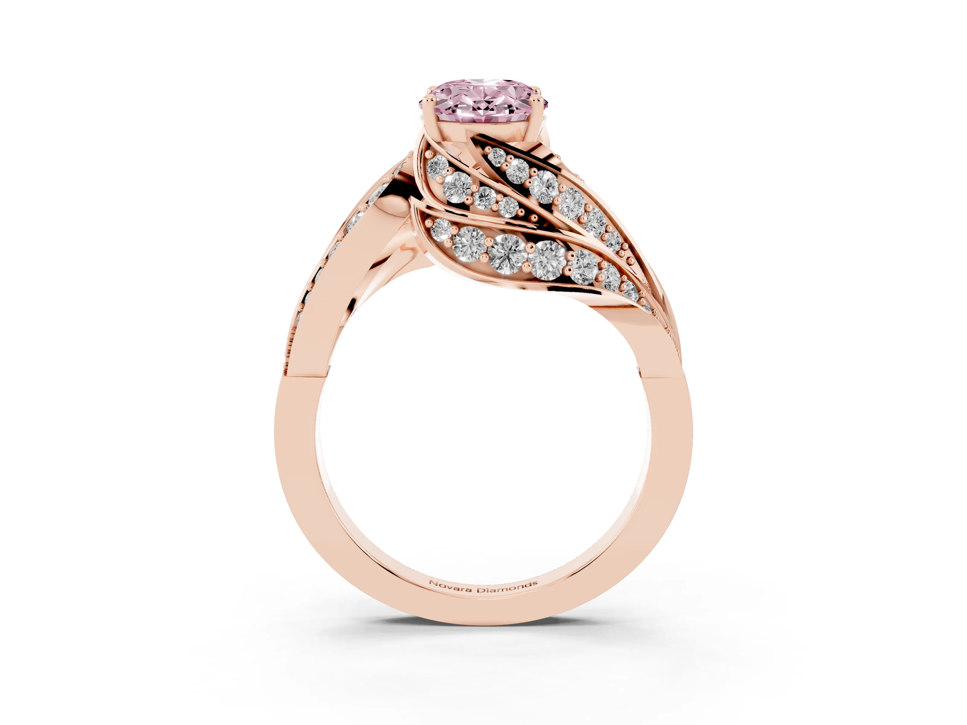 Fancy Pink Oval Cut Diamond Solitaire Ring Set in Rose gold with Layered Twist Pavé Band