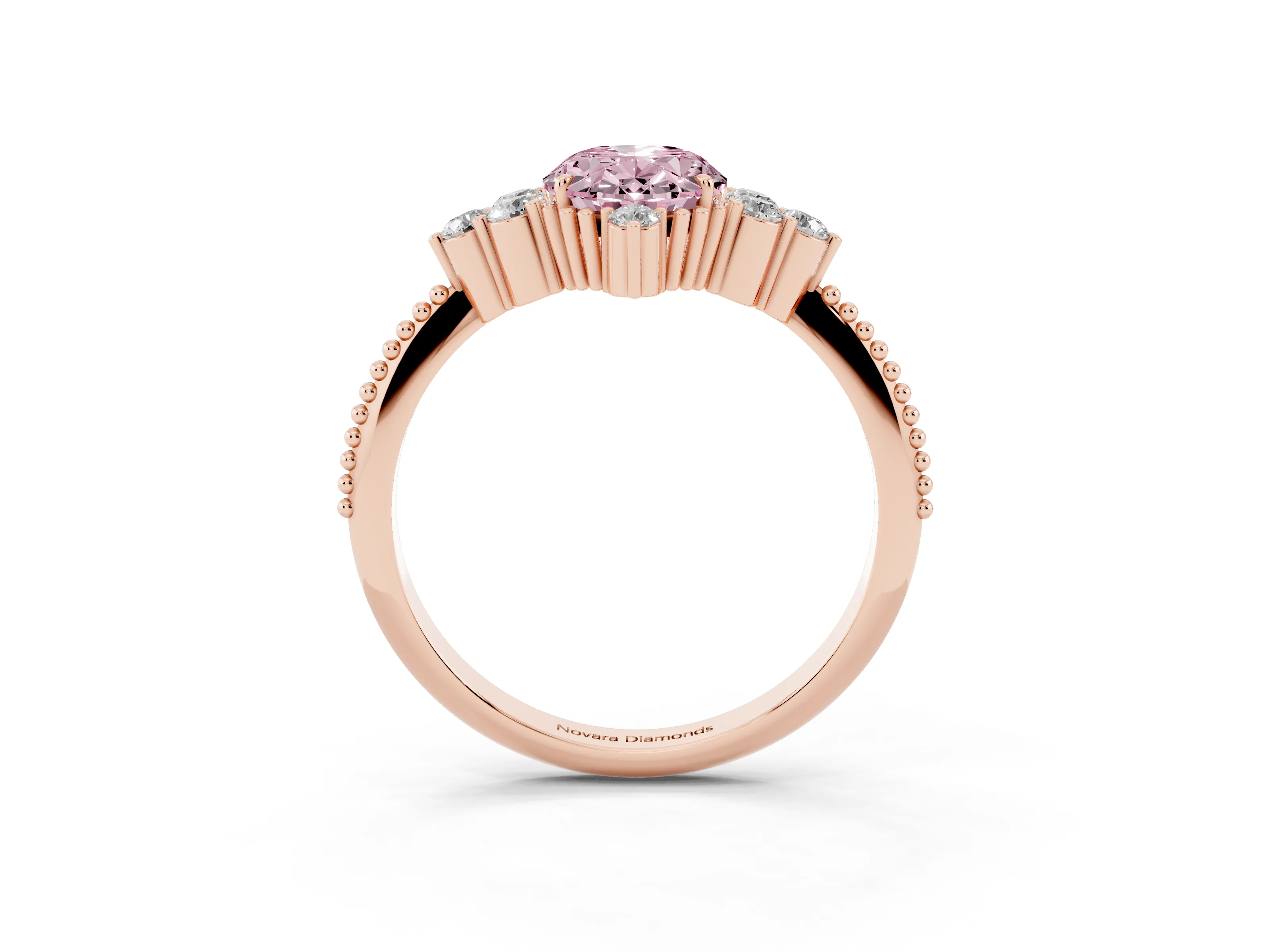 Fancy Pink Oval Cut Diamond Cluster Ring Set in Rose gold with Beaded Band