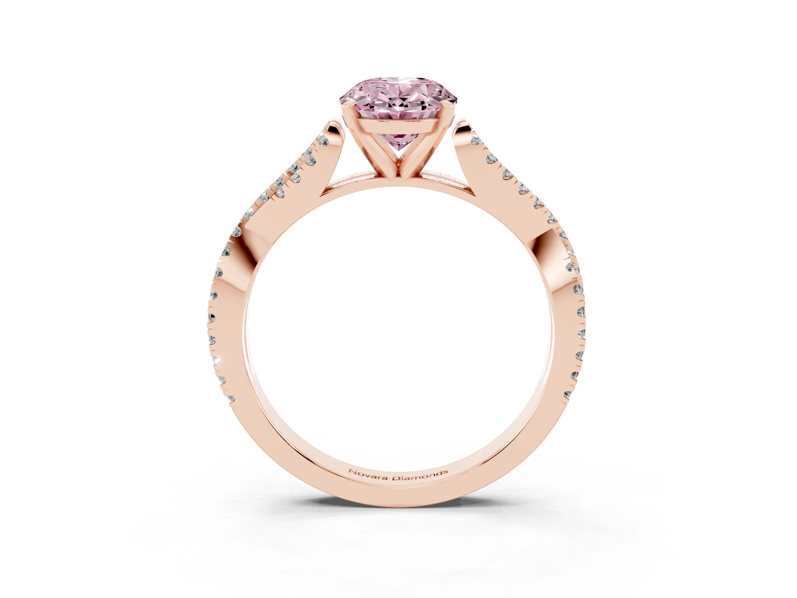 Fancy Pink Oval Cut Diamond Solitaire Engagement Ring Set in Rose gold with Twisted Pavé Band and Prong Setting