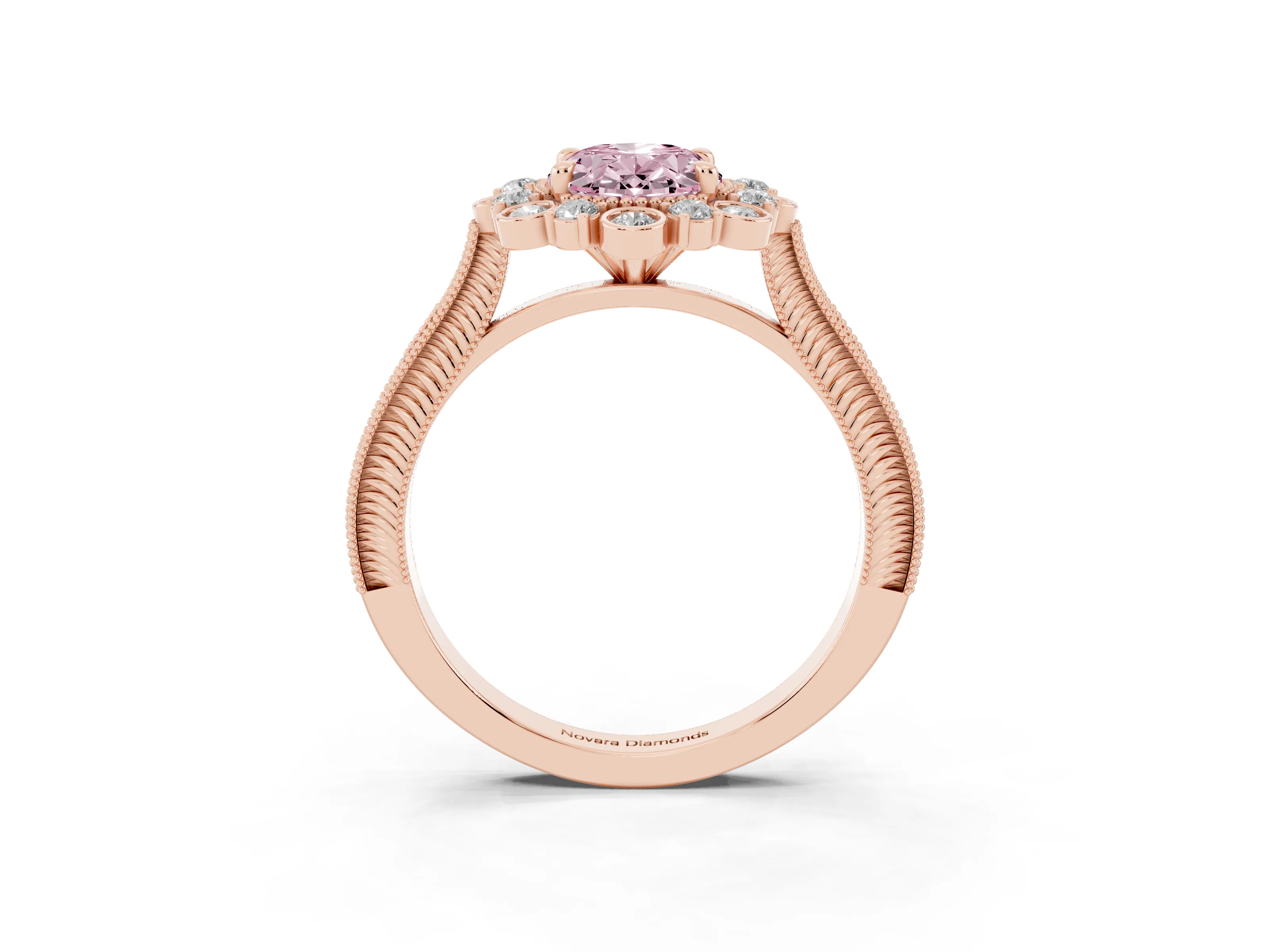 Fancy Pink Oval Cut Diamond Halo Milgrain Pavé Ring Set in Rose gold with Prong Setting