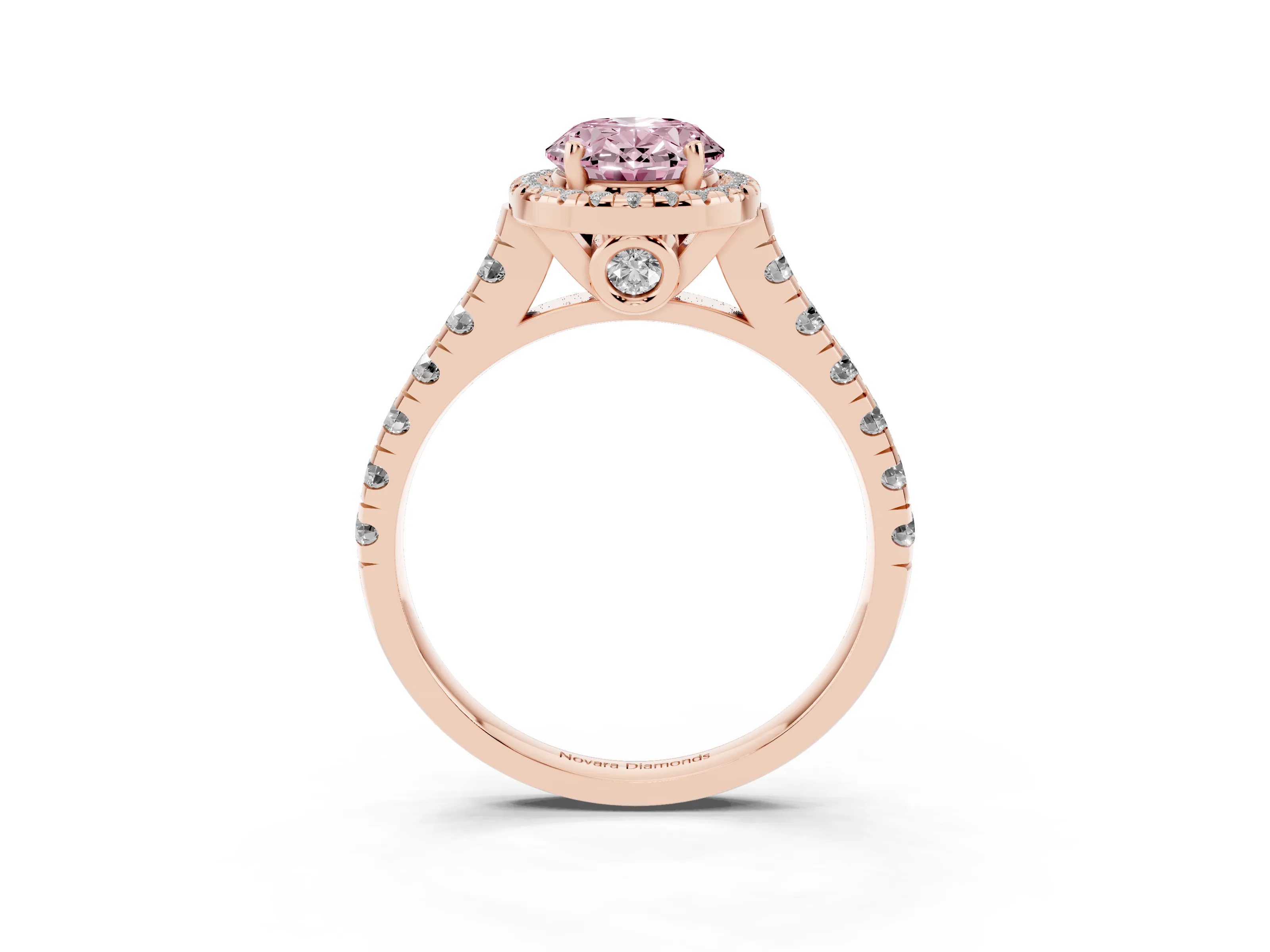 Fancy Pink Oval Cut Diamond Halo Engagement Ring Set in Rose gold with Pavé Band and Prong-Set Center