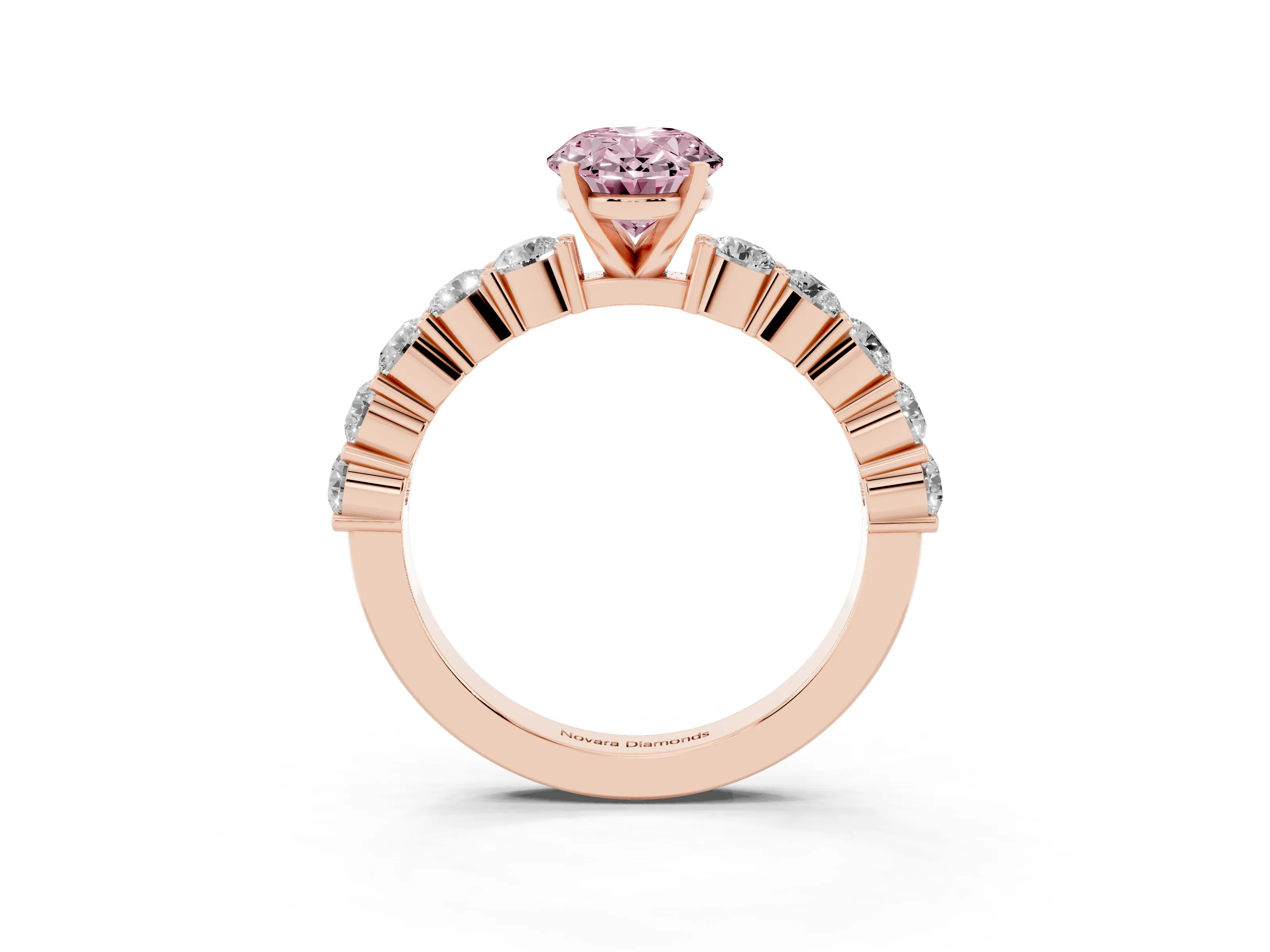 Fancy Pink Oval Cut Diamond Solitaire Ring Set in Rose gold with Shared Prong Round Side Stones