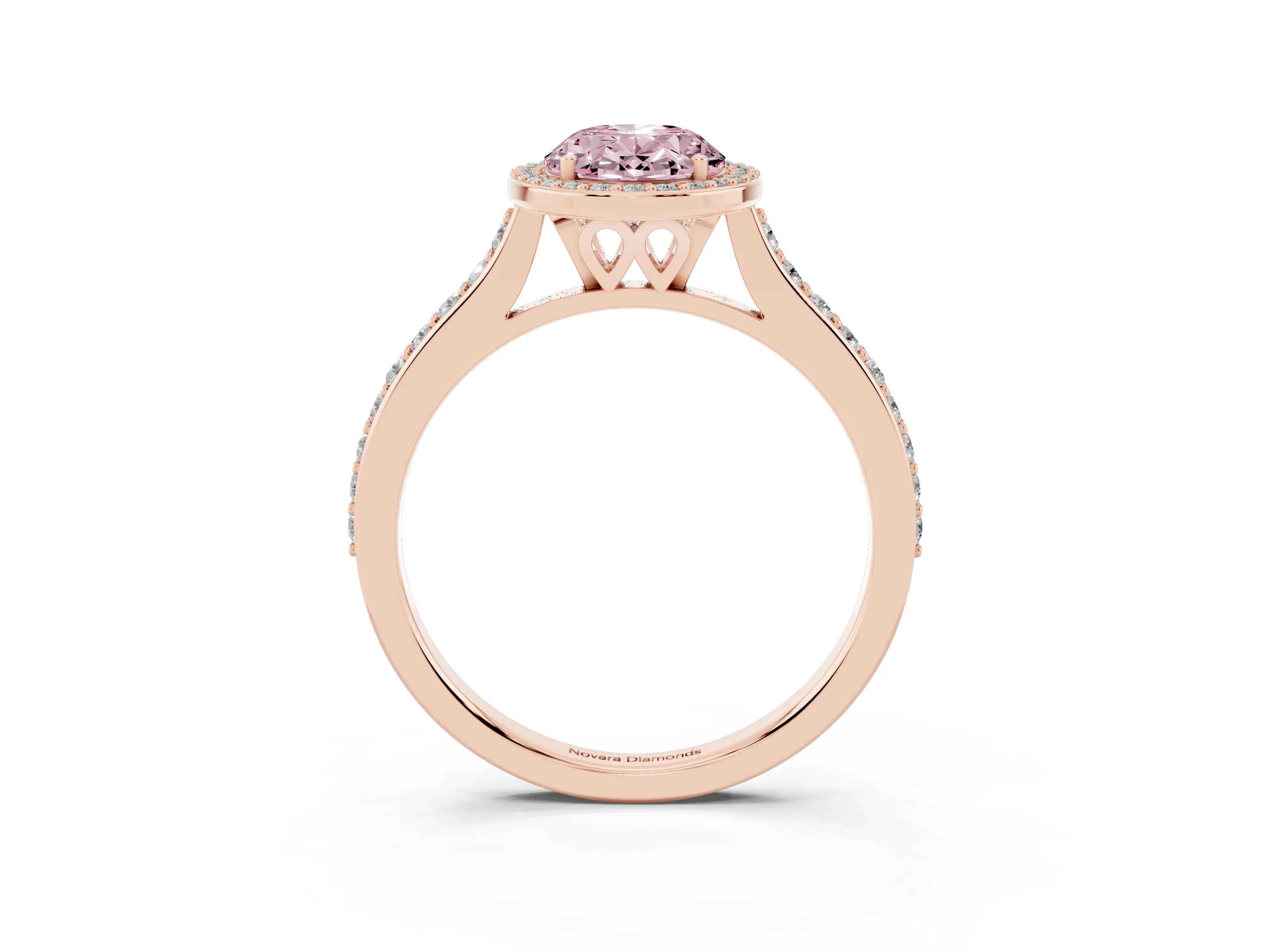 Fancy Pink Oval Cut Diamond Halo Engagement Ring Set in Rose gold with Round Pavé Shoulders and Heart Gallery