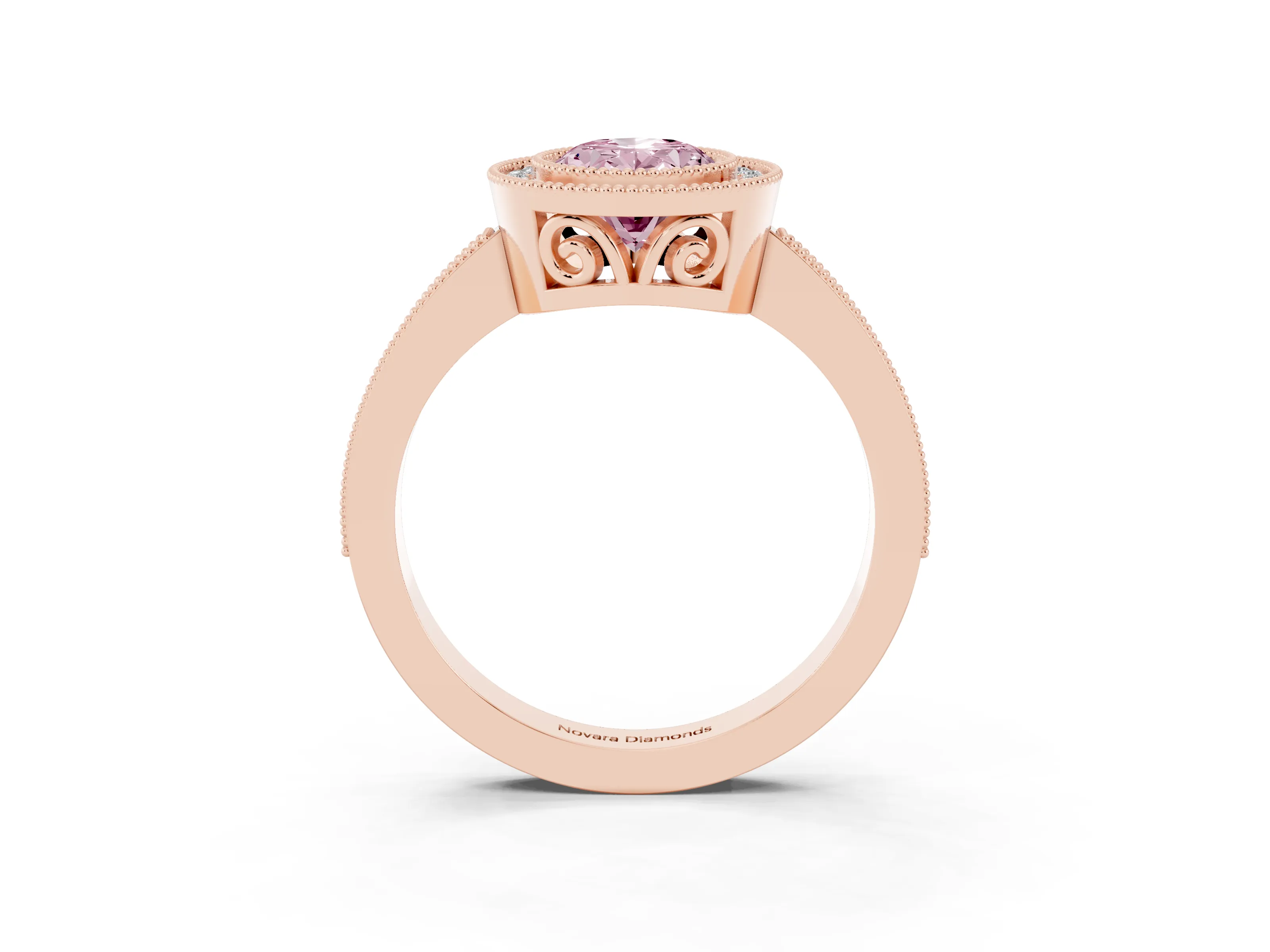 Fancy Pink Oval Cut Diamond Halo Ring Set in Rose gold with Pavé Band and Milgrain-Edged Prongs