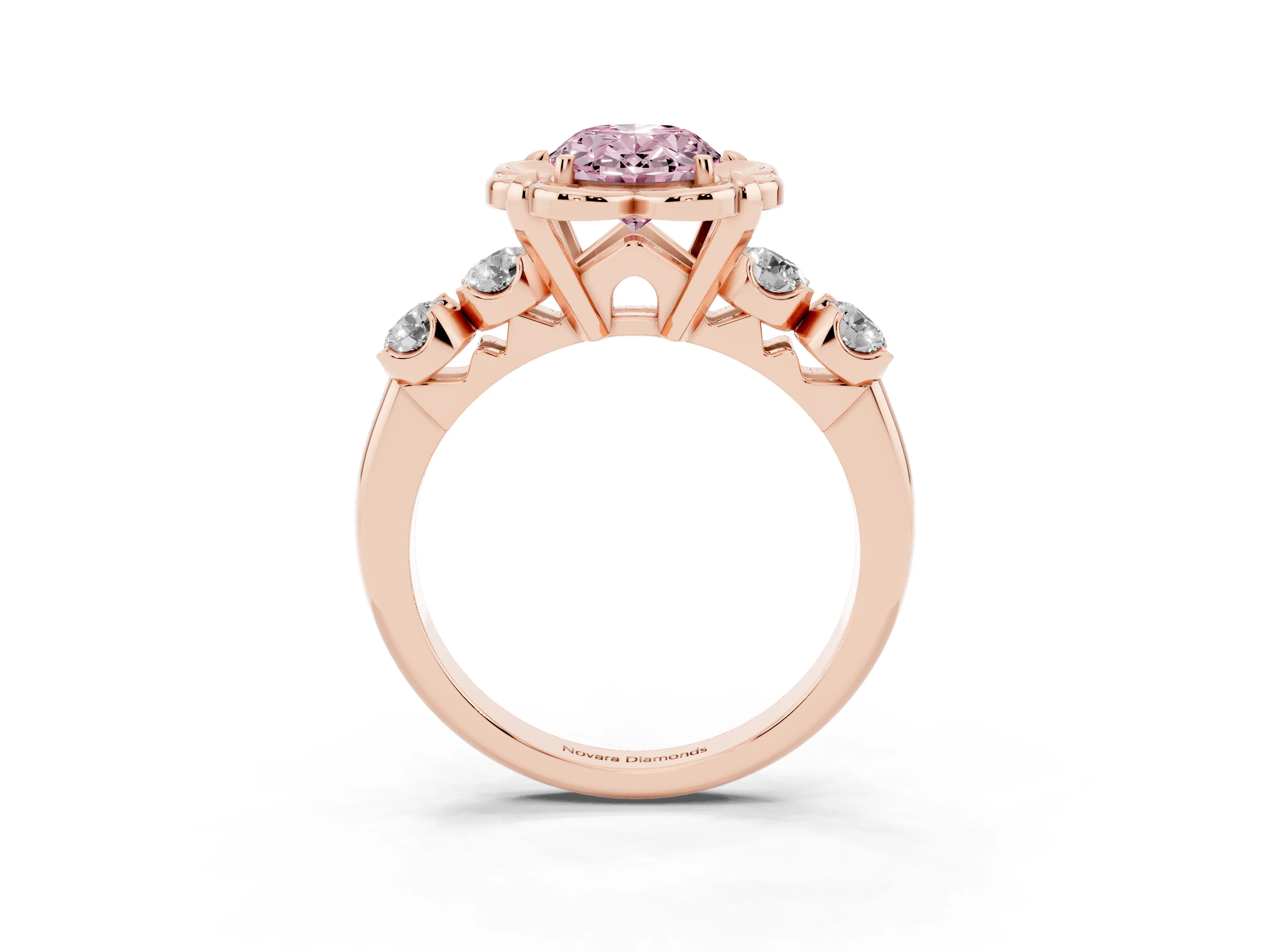 Fancy Pink Oval Cut Diamond Floral Halo Ring Set in Rose gold with Shared Prong Band