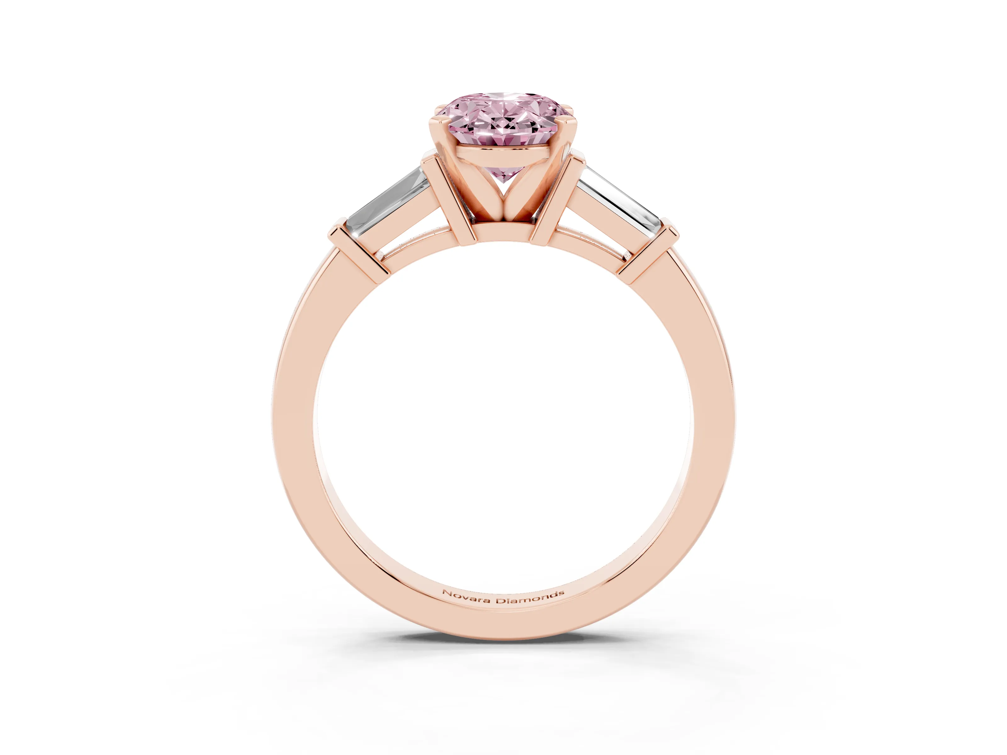 Fancy Pink Oval Cut Diamond Solitaire Ring Set in Rose gold with Tapered Baguette Accents and Prong Setting