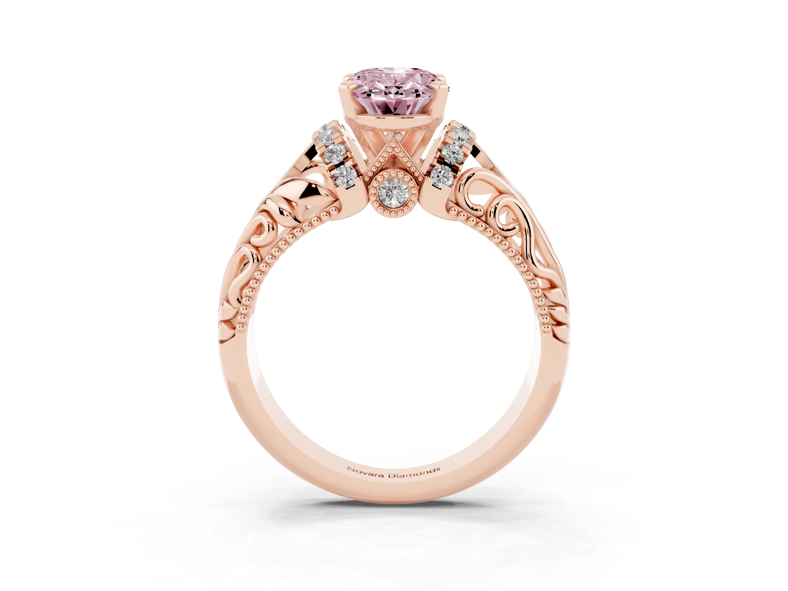Fancy Pink Oval Cut Diamond Filigree Halo Engagement Ring Set in Rose gold with Prong Setting