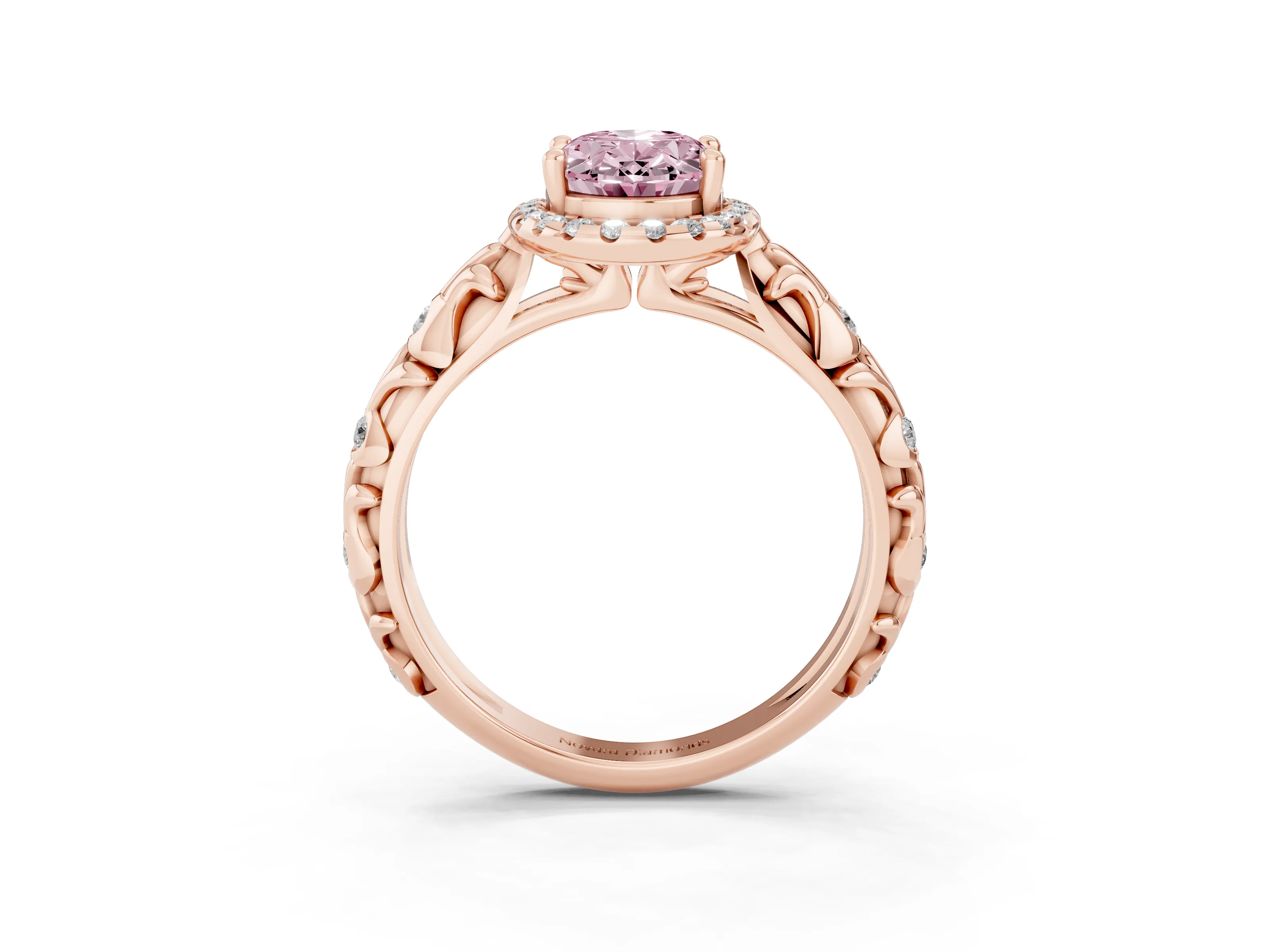 Fancy Pink Oval Cut Diamond Halo Ring Set in Rose gold with Filigree Leaf Band and Prong Setting